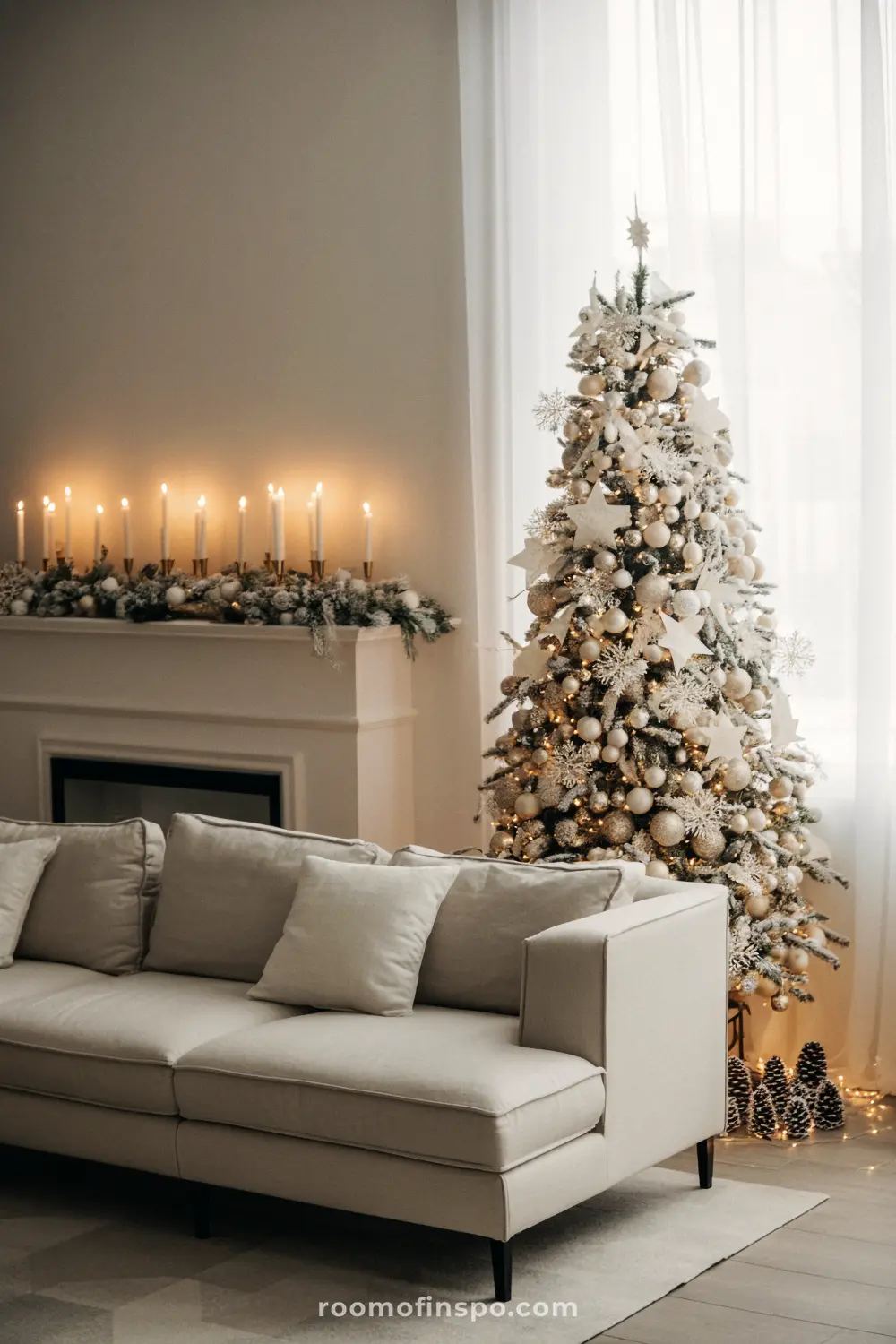 This elegant living room features a flocked tree with white ornaments and a candlelit mantel for a magical Christmas.