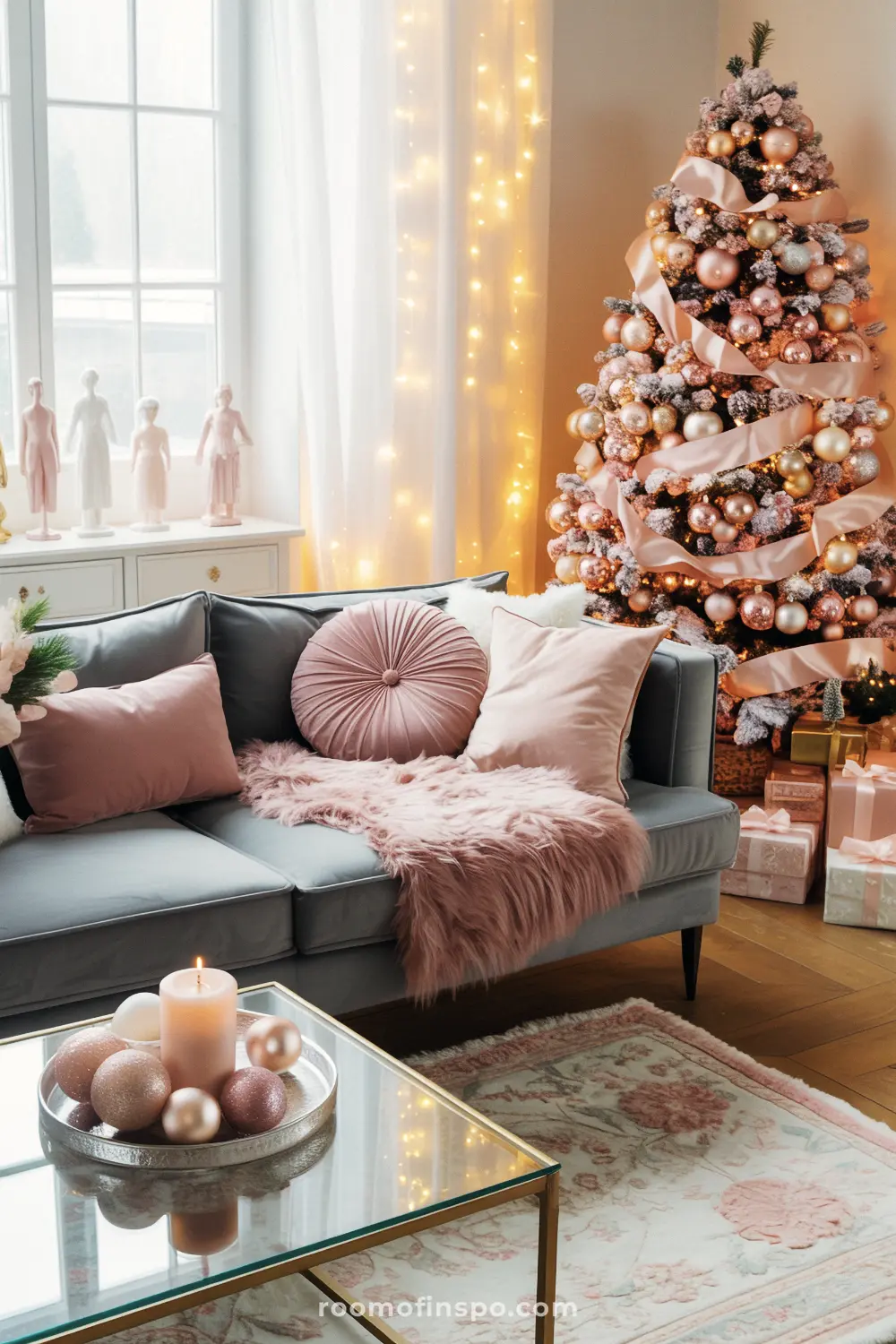 This chic living room features a beautiful tree decorated entirely in shades of pink for a modern Christmas.