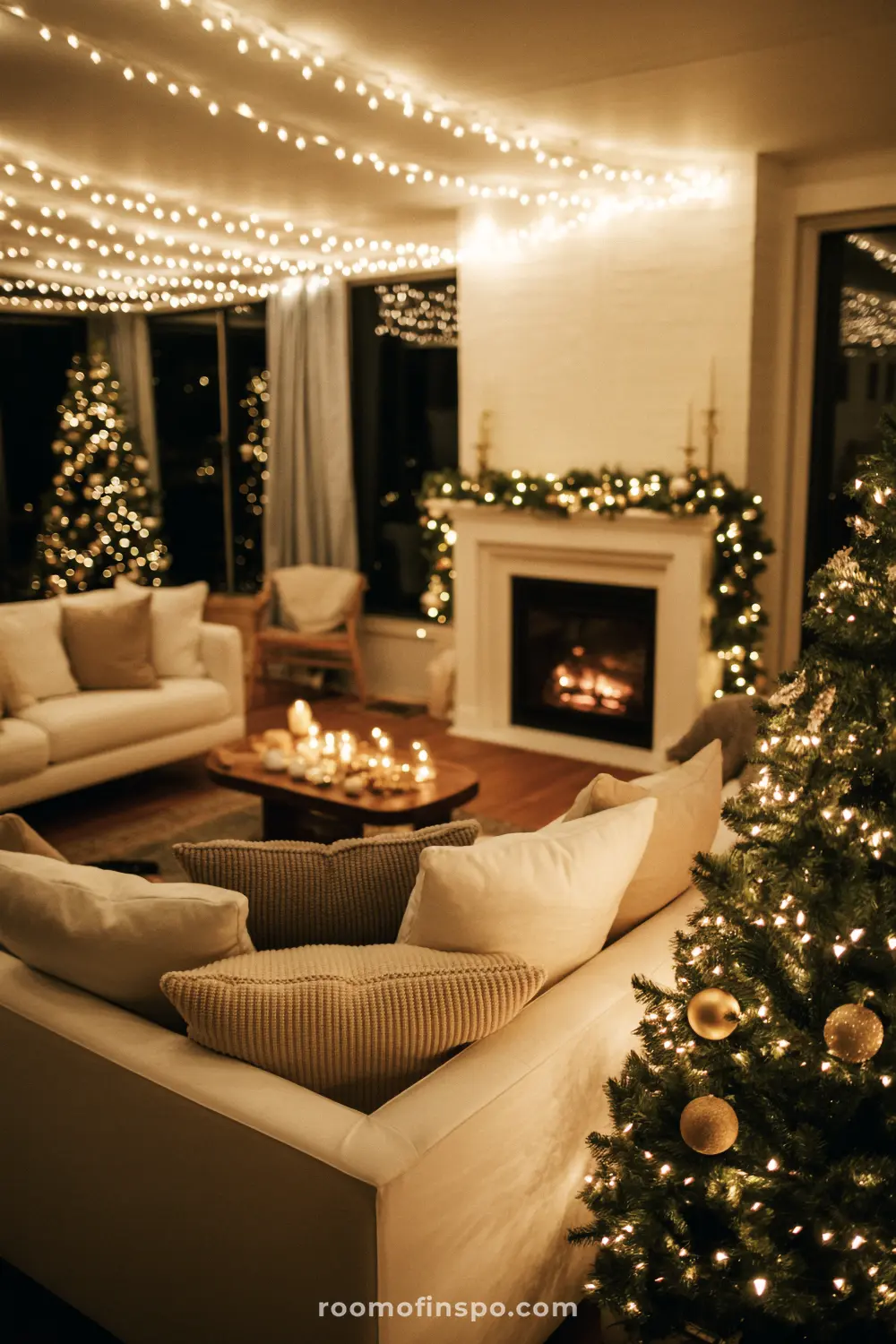 Fairy lights across the ceiling create a magical glow in this warm and inviting living room at Christmas.