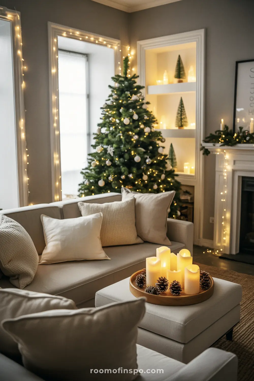 This modern living room with a leather sofa is decorated with a simple tree and glowing lights for Christmas.