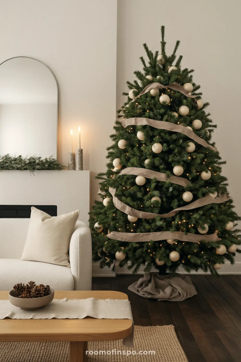 A minimalist living room features a simply decorated tree with neutral-colored ornaments and ribbon for a modern Christmas.