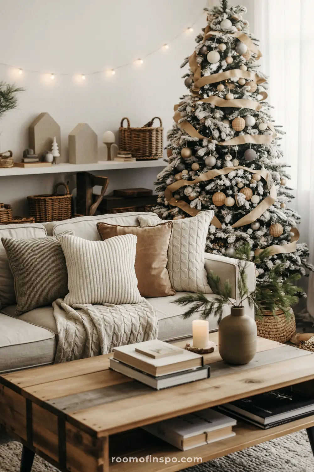 A bright and classy Christmas living room with a flocked tree decorated in neutral tones and a cozy sofa with cable-knit pillows.
