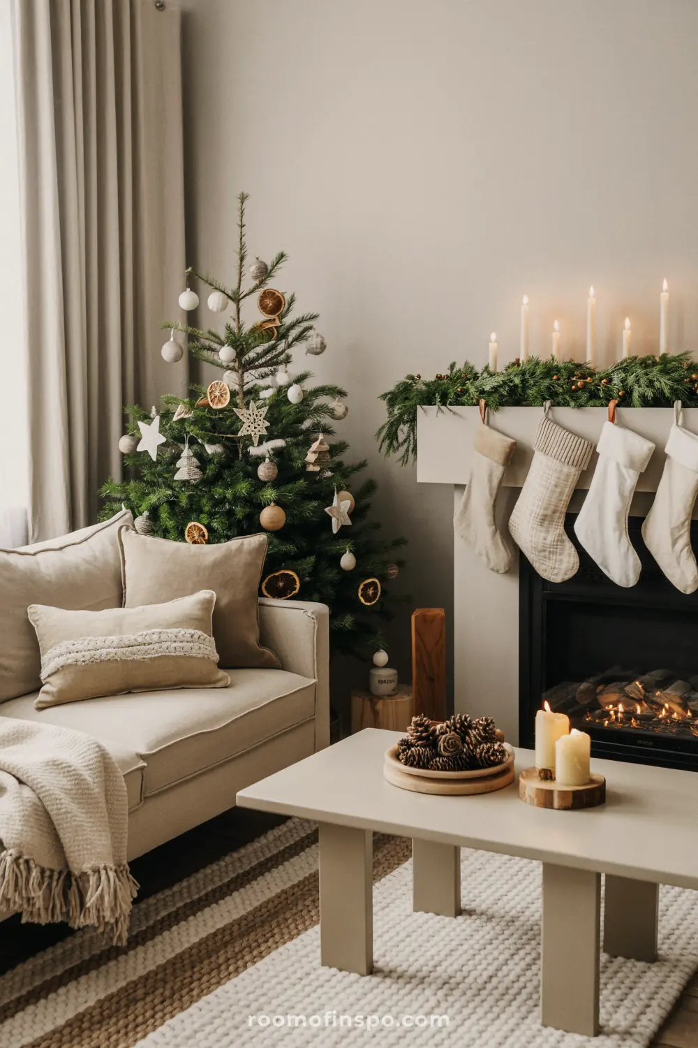 A simply decorated tree and a fireplace with stockings create a serene and cozy living room for Christmas.
