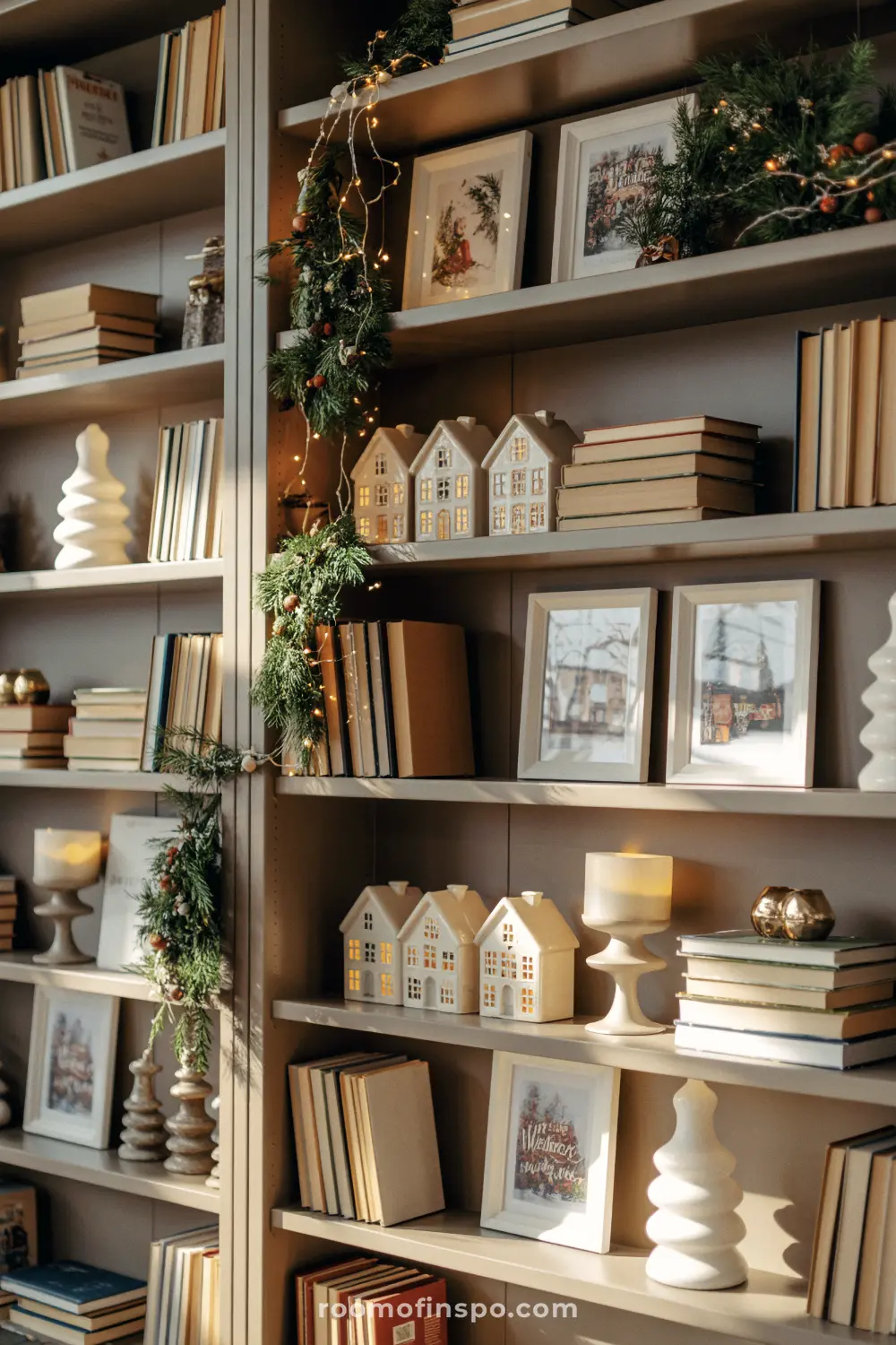 A large living room bookshelf displays glowing miniature houses and garlands for a charming Christmas atmosphere.