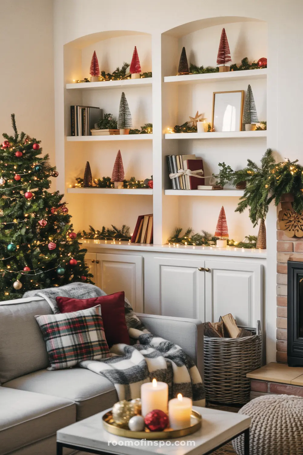 Built-in shelves decorated with miniature trees and garlands add festive cheer to this cozy living room at Christmas.