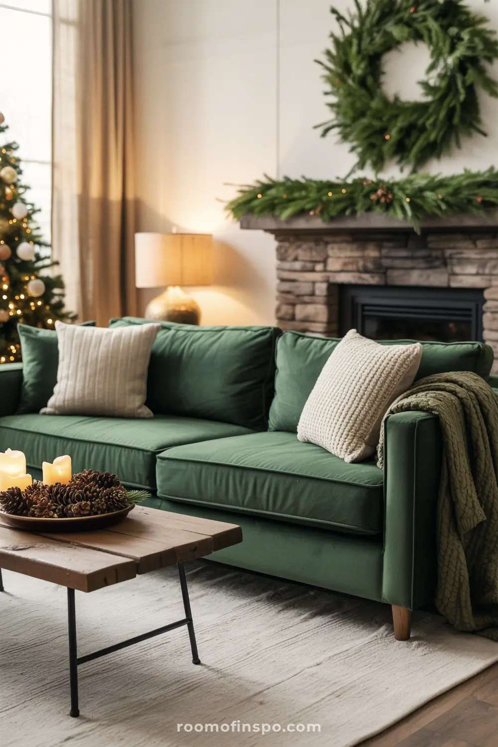 A deep green sofa and natural pine decorations create a warm and cozy living room for Christmas.