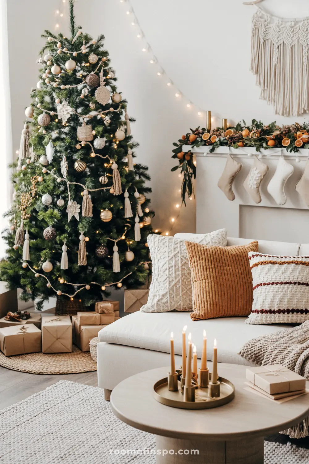 A boho-style Christmas tree with tassel ornaments creates a warm and inviting living room for the holidays.