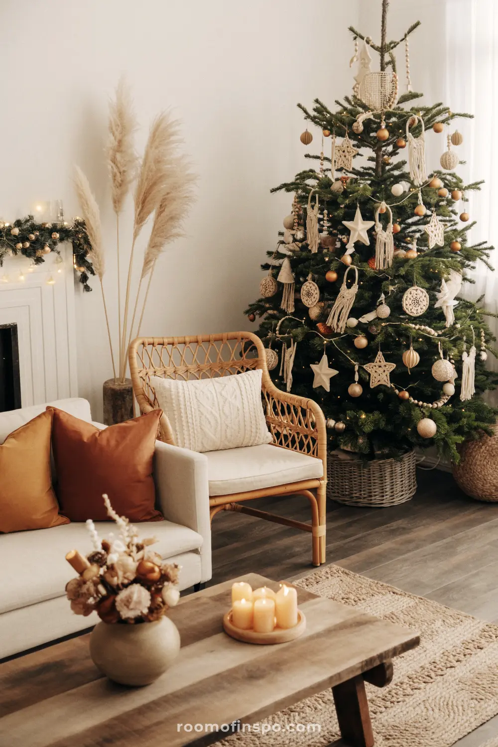 Macrame ornaments and natural textures create a cozy, bohemian vibe in this living room for Christmas.