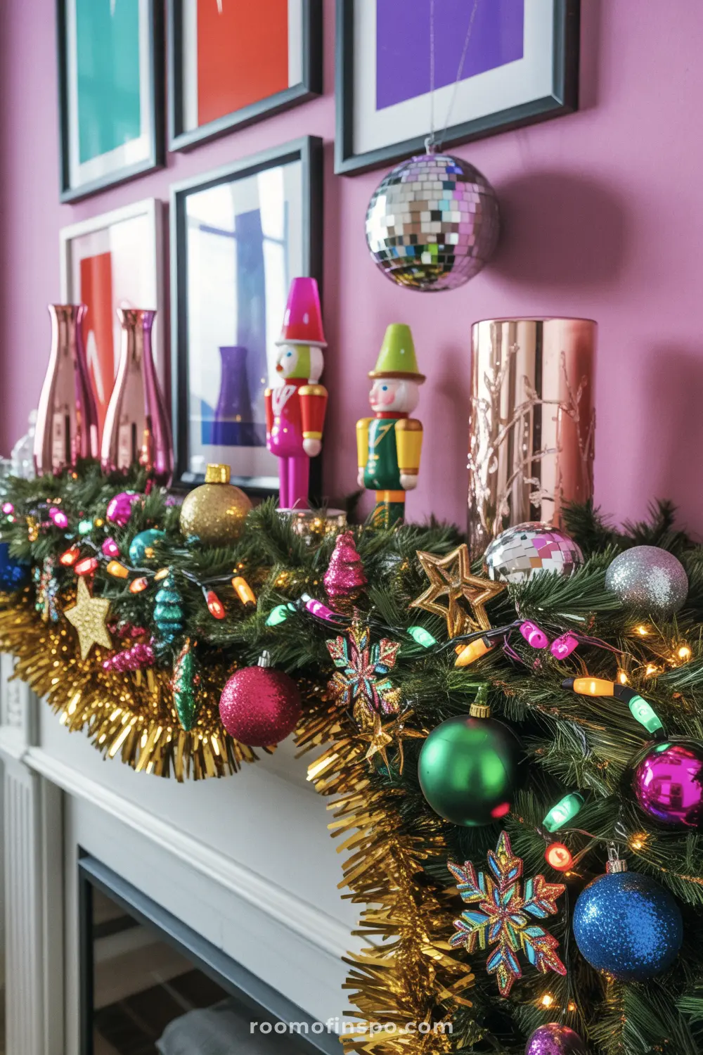 An exciting, maximalist Christmas mantel with tinsel, a colorful garland, nutcrackers, ornaments, and a shiny disco ball.