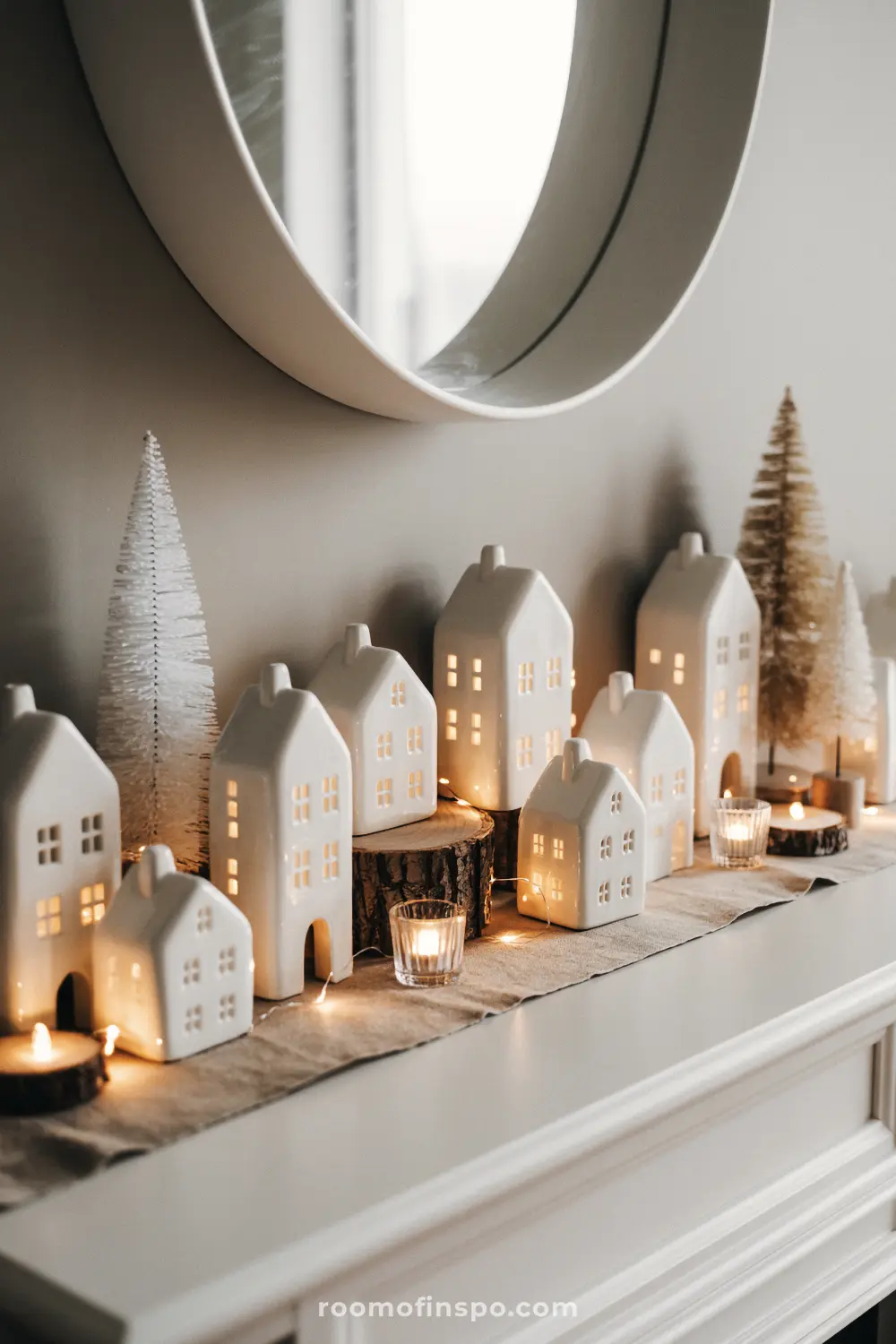 A cozy Christmas mantel with glowing white ceramic houses, rustic wood slices, and miniature trees on a burlap runner.