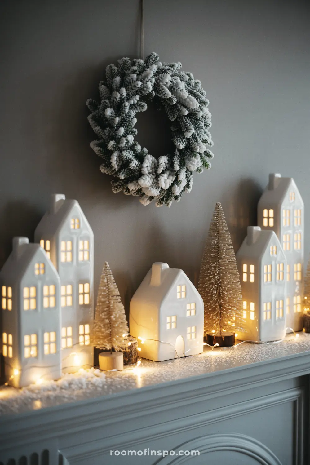 A snowy wreath hangs above a mantel with white ceramic houses and glittery trees, forming a minimalist Christmas scene.