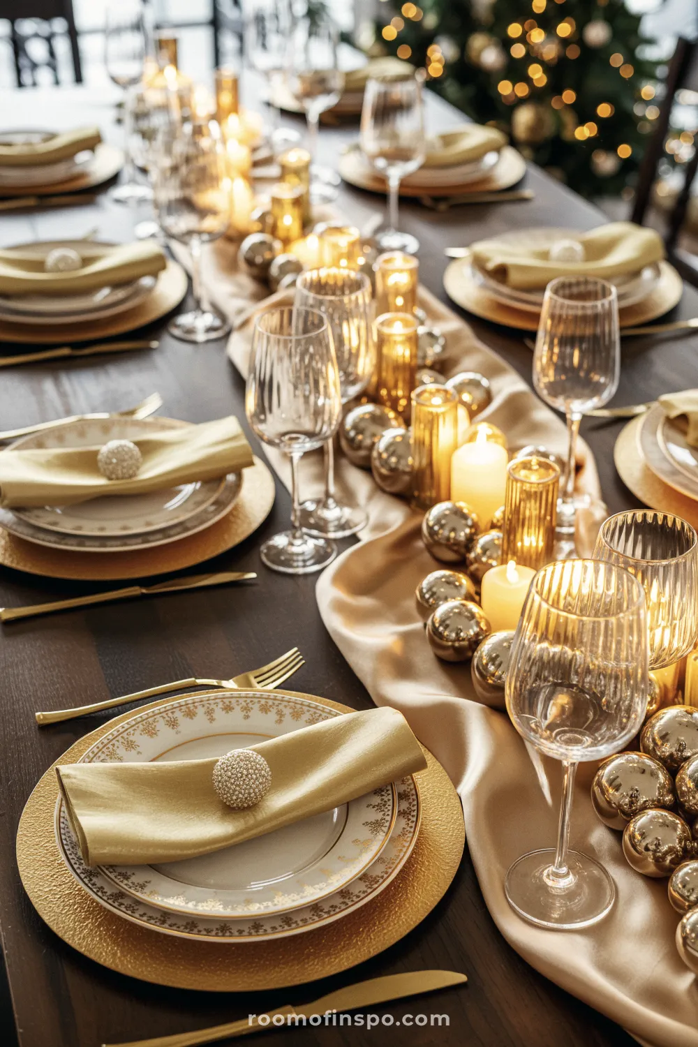 Glamorous Christmas table setting featuring shimmering gold chargers, silk napkins, and a centerpiece of metallic ornaments and glowing candles on a satin runner.
