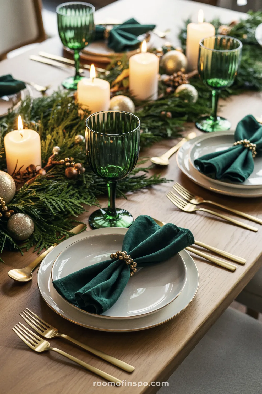 A luxurious and classy Christmas tablescape with rich green linens and goblets, glowing candles, and evergreen garland with ornaments.