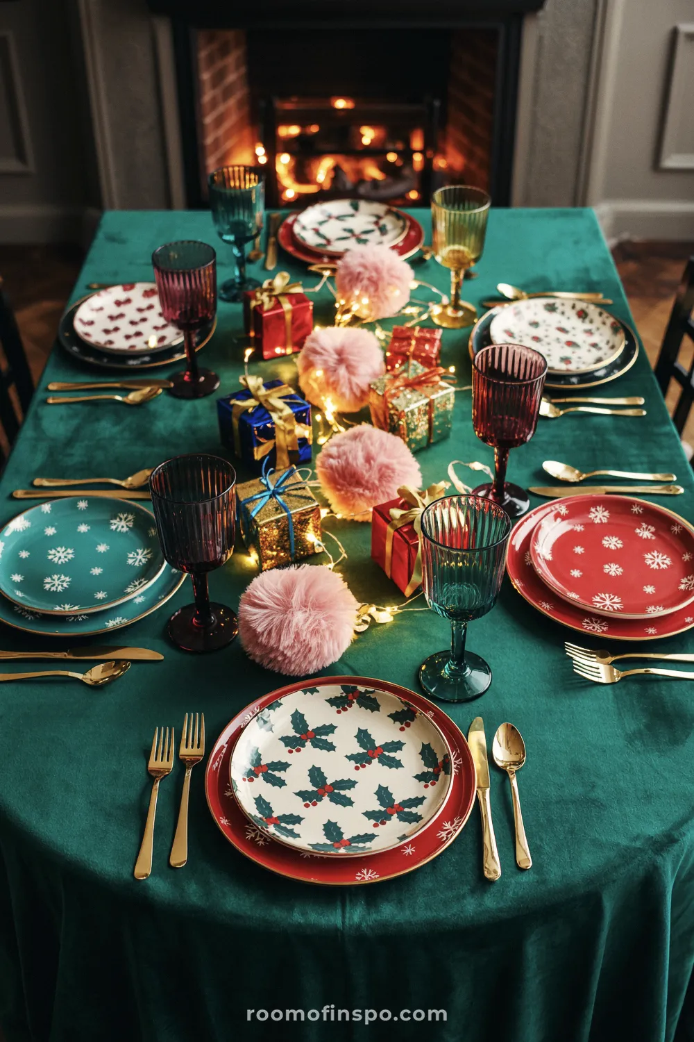 Whimsical Christmas table setting on a teal tablecloth, featuring snowflake and holly pattern plates, colored goblets, and glowing fairy lights.