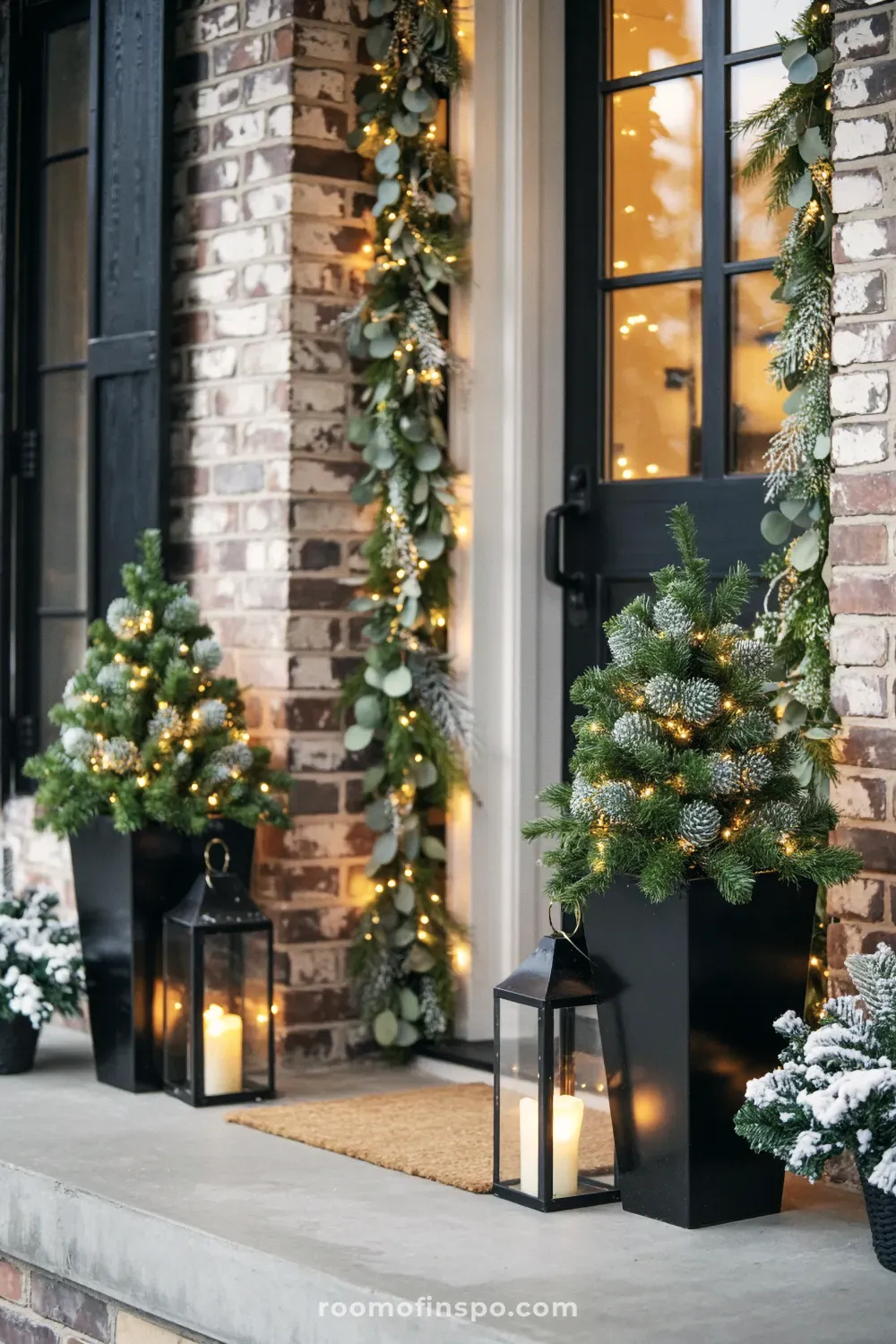 A charming and classy Christmas porch featuring symmetrical small trees in black planters, lanterns, and twinkling garlands.