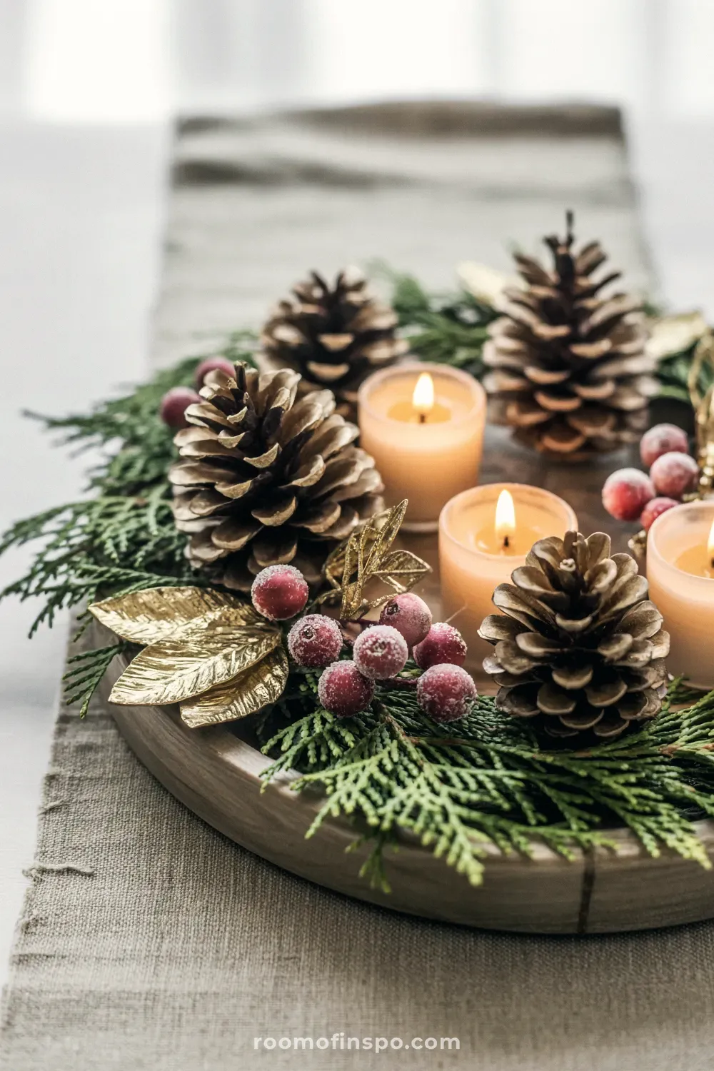 A cozy and classy Christmas centerpiece with lit votives, large pinecones, frosted berries, and gilded leaves on a wooden tray.