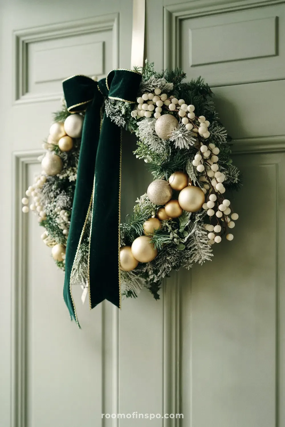 A stunning and classy Christmas wreath with a dark green velvet bow, white berries, and gold and silver ornaments.
