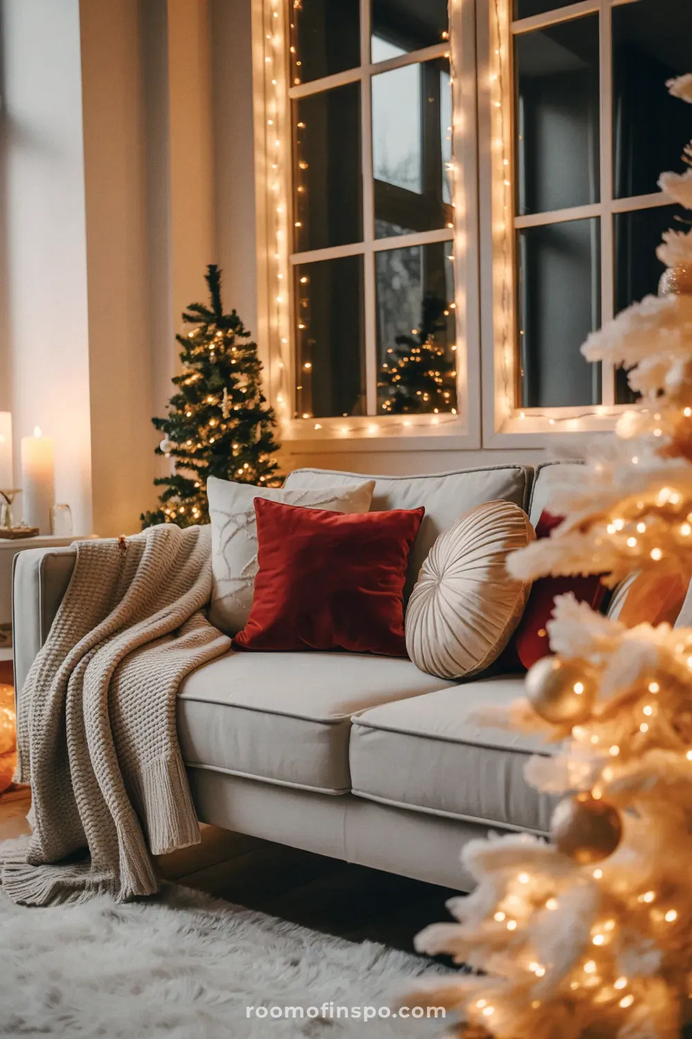 A cozy and classy Christmas living area featuring an olive sofa, red and white pillows, and garland with lights around the window.