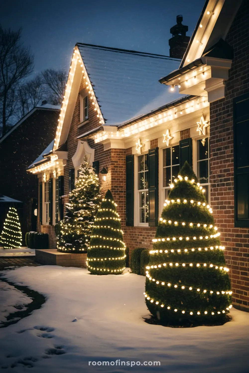 A traditional and classy Christmas exterior featuring warm lights outlining the roof and wrapped around outdoor evergreen trees in the snow.
