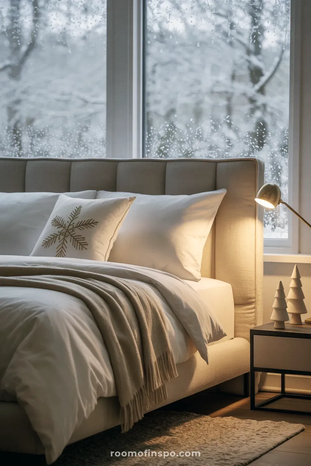 A peaceful and classy Christmas bedroom featuring neutral bedding, a snowflake pillow, and ceramic trees on a bedside table.