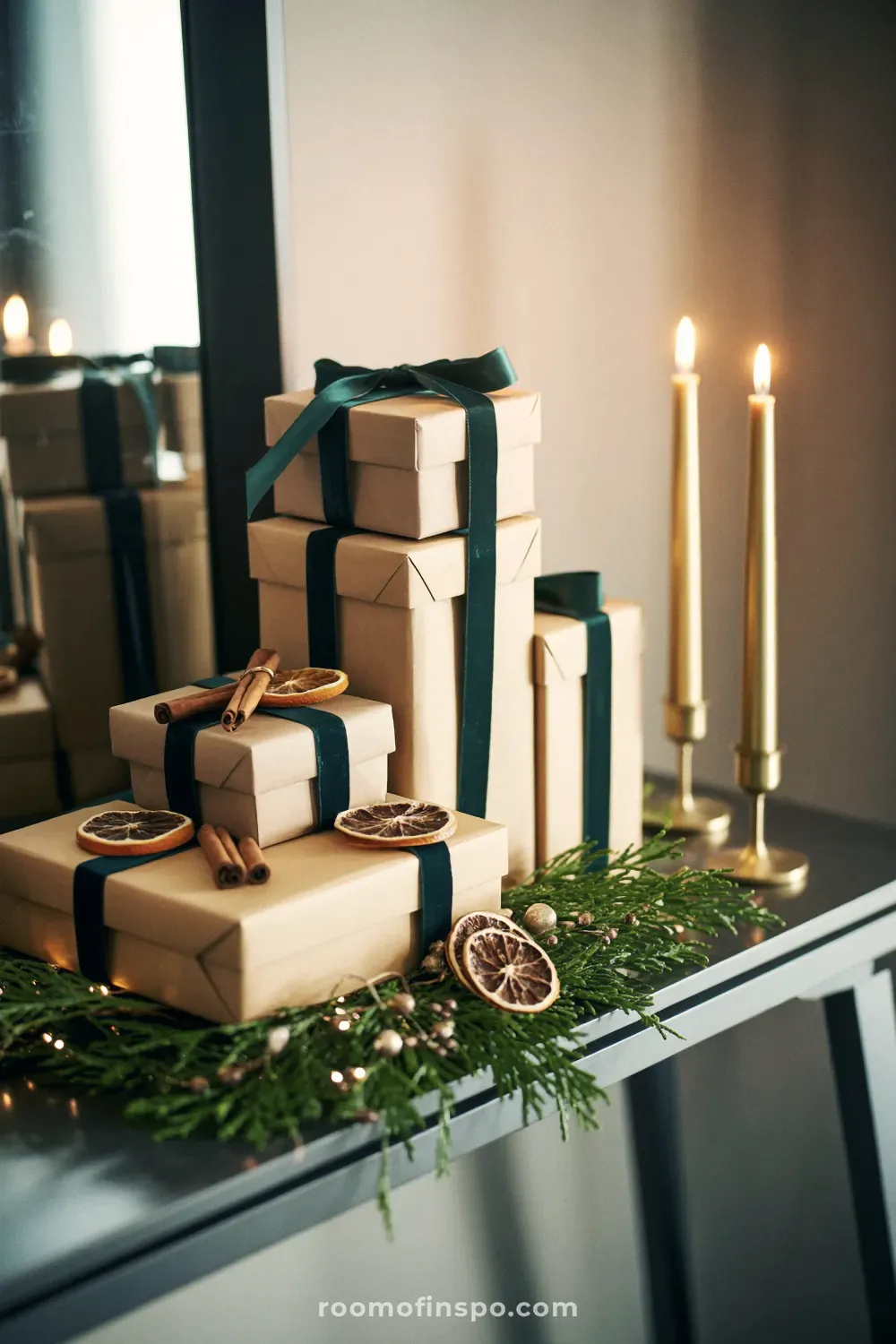 A beautiful and classy Christmas display of kraft paper gifts with green ribbon, dried oranges, and tall gold taper candles.