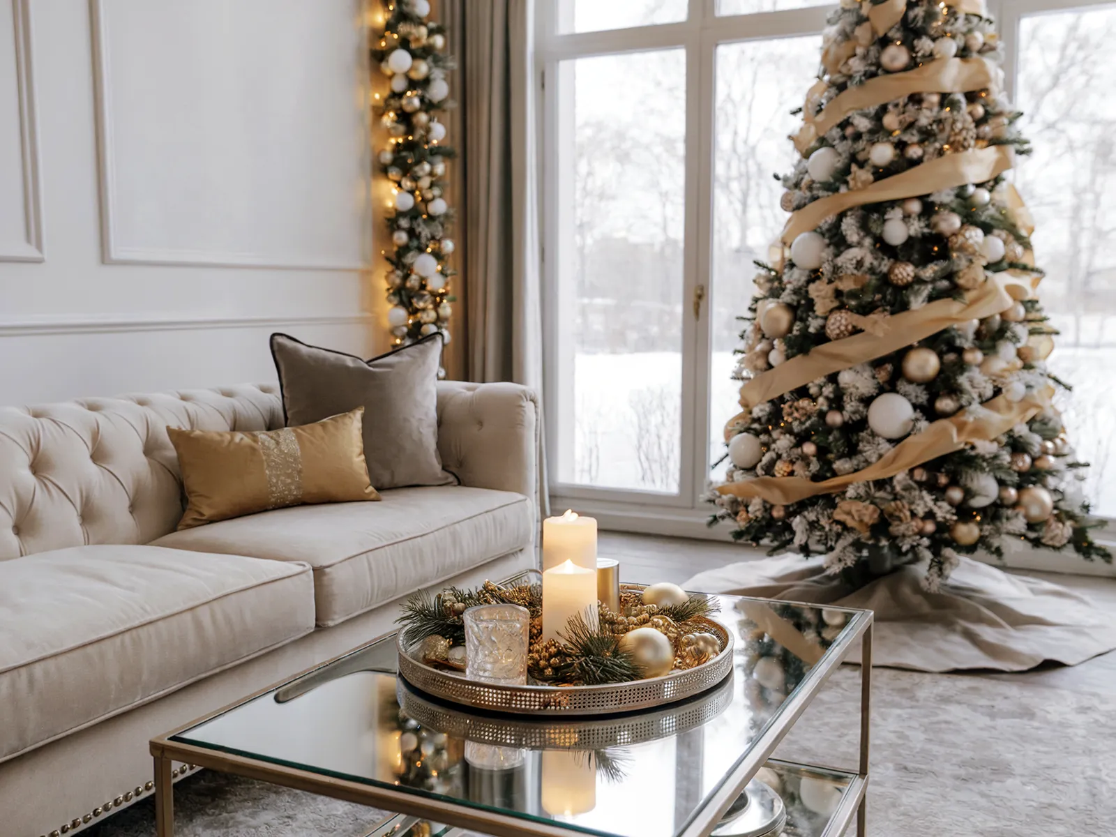 A living room with a neutral-toned sofa and glass coffee table features classy Christmas decor, including a decorated tree and a lighted festive garland.
