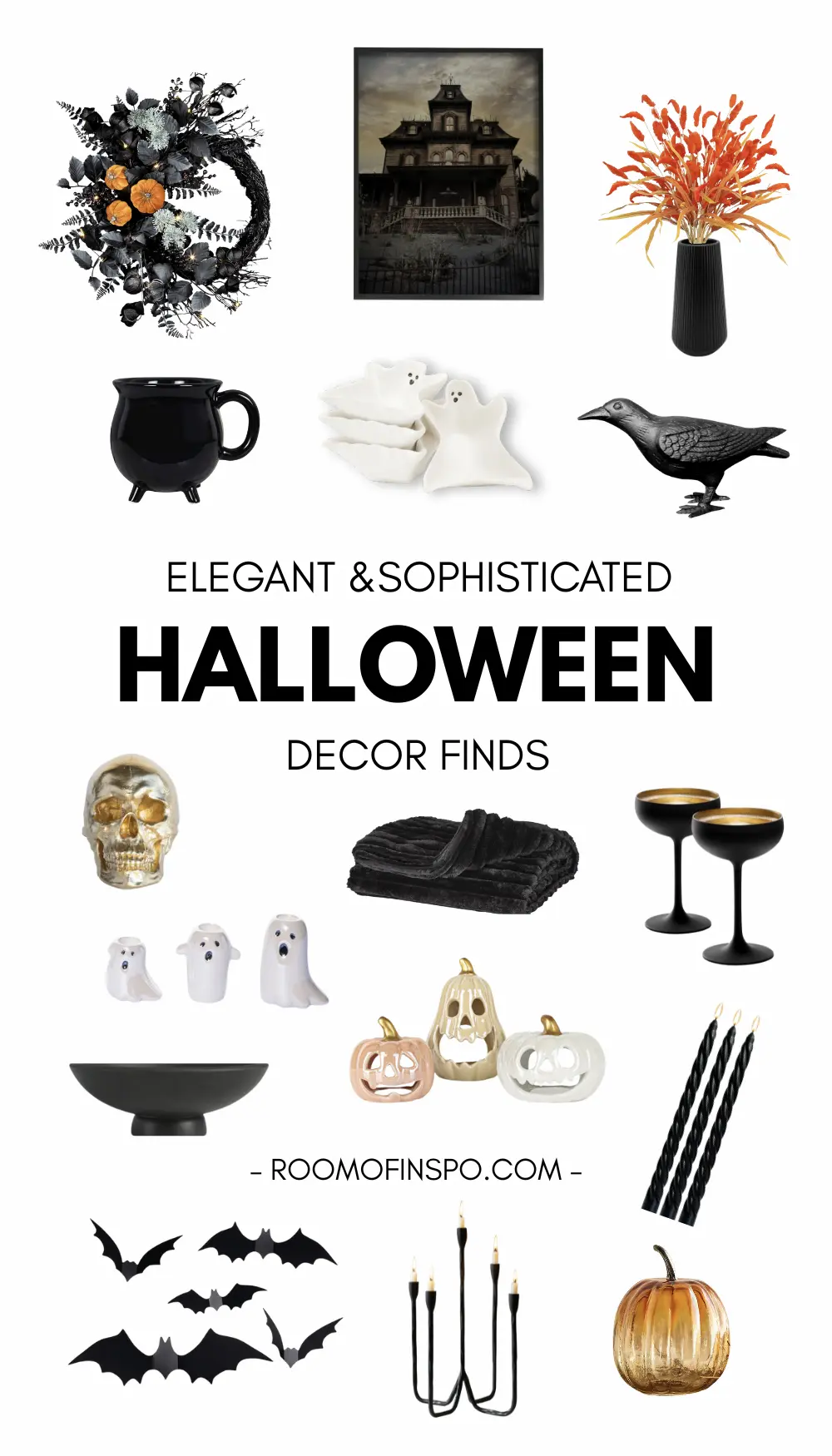 A curated grid of elegant Halloween decor featuring ghost-shaped plates, metallic pumpkins, black and gold goblets, and a spooky mansion print - perfect for crafting a refined yet festive atmosphere.