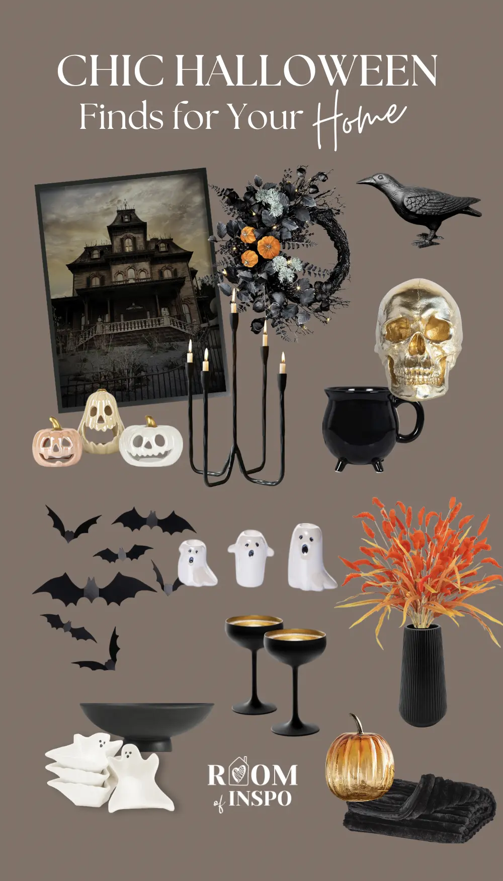 A stylish collage of Halloween home decor featuring ghost figurines, bat cutouts, a spooky mansion print, and elegant black and gold accents, and a text overlay saying "chic Halloween finds for your home".