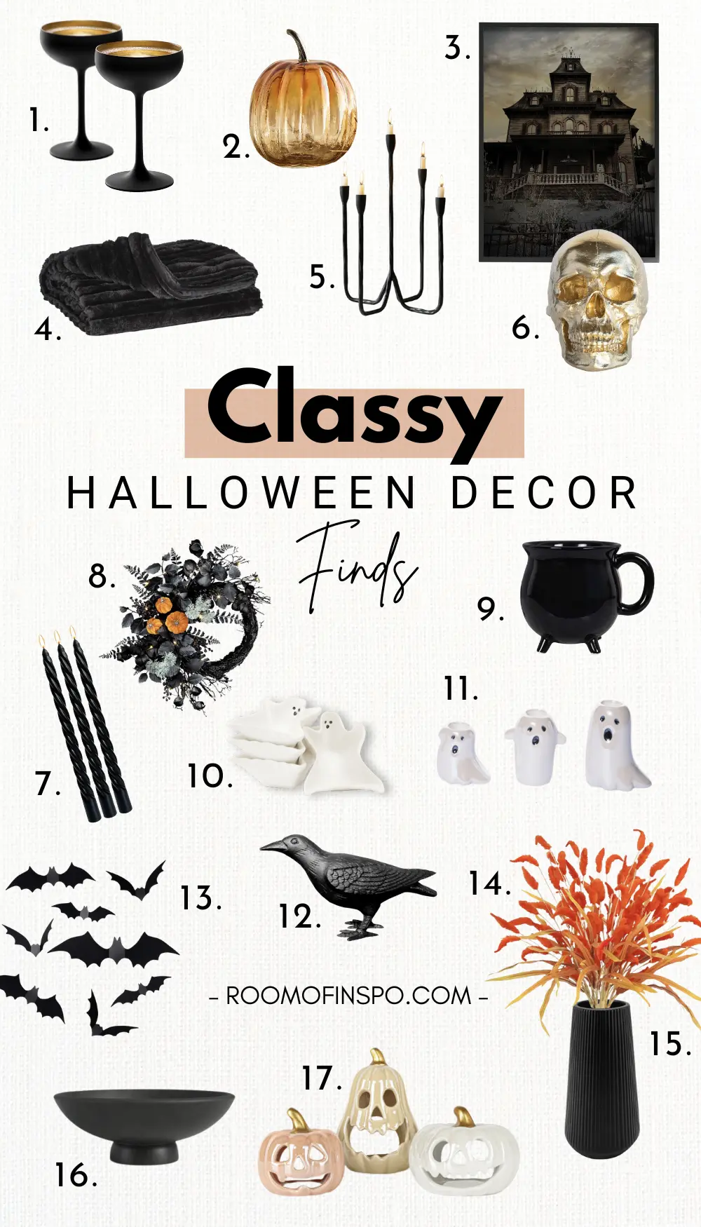A Halloween-themed decor setup featuring ghost-shaped candle holders, a spooky house picture, and bat wall decals arranged on a wooden surface and a text overlay saying "Classy Halloween Decor Finds".