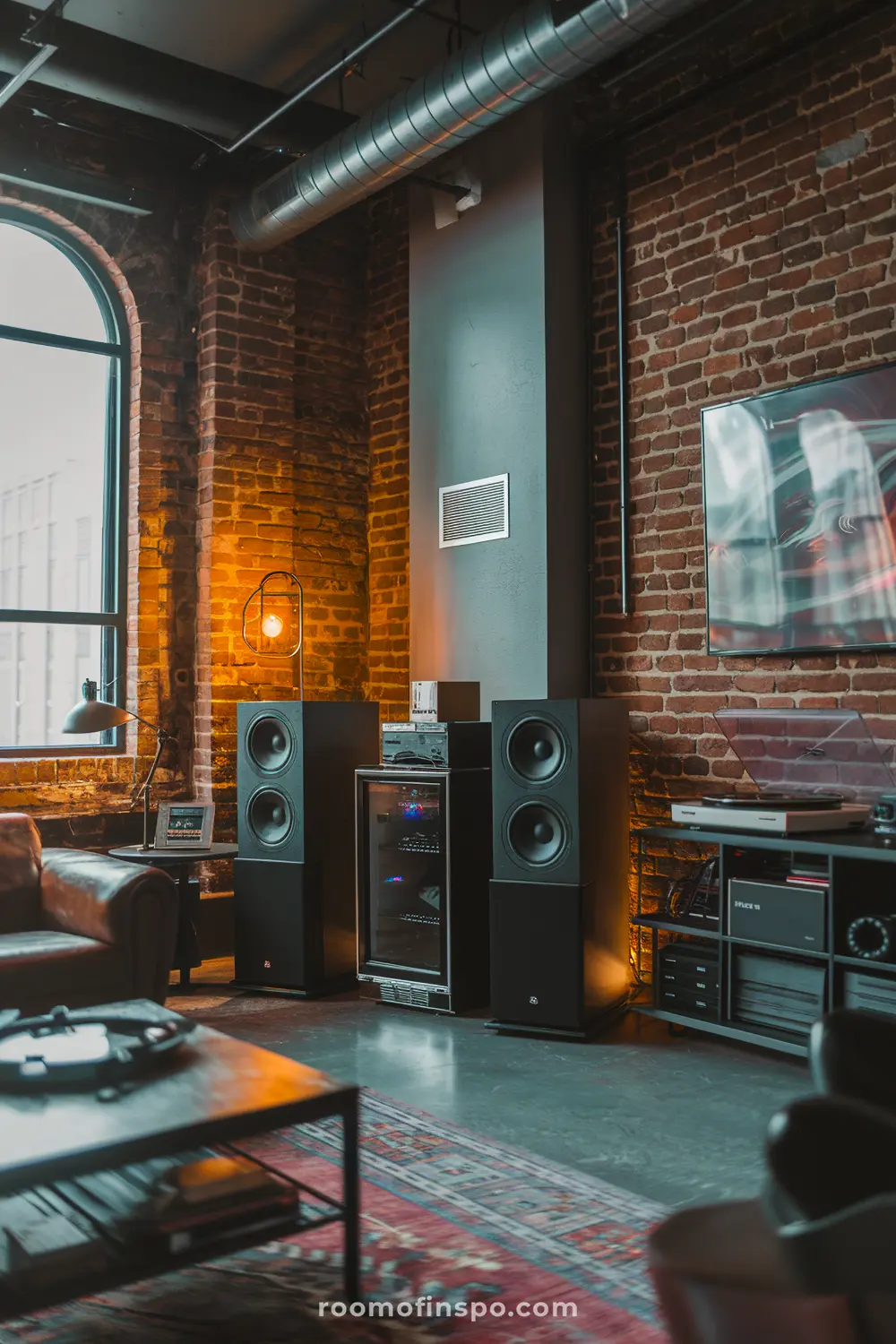 A stylish industrial man cave with loft-inspired decor and a mini fridge.