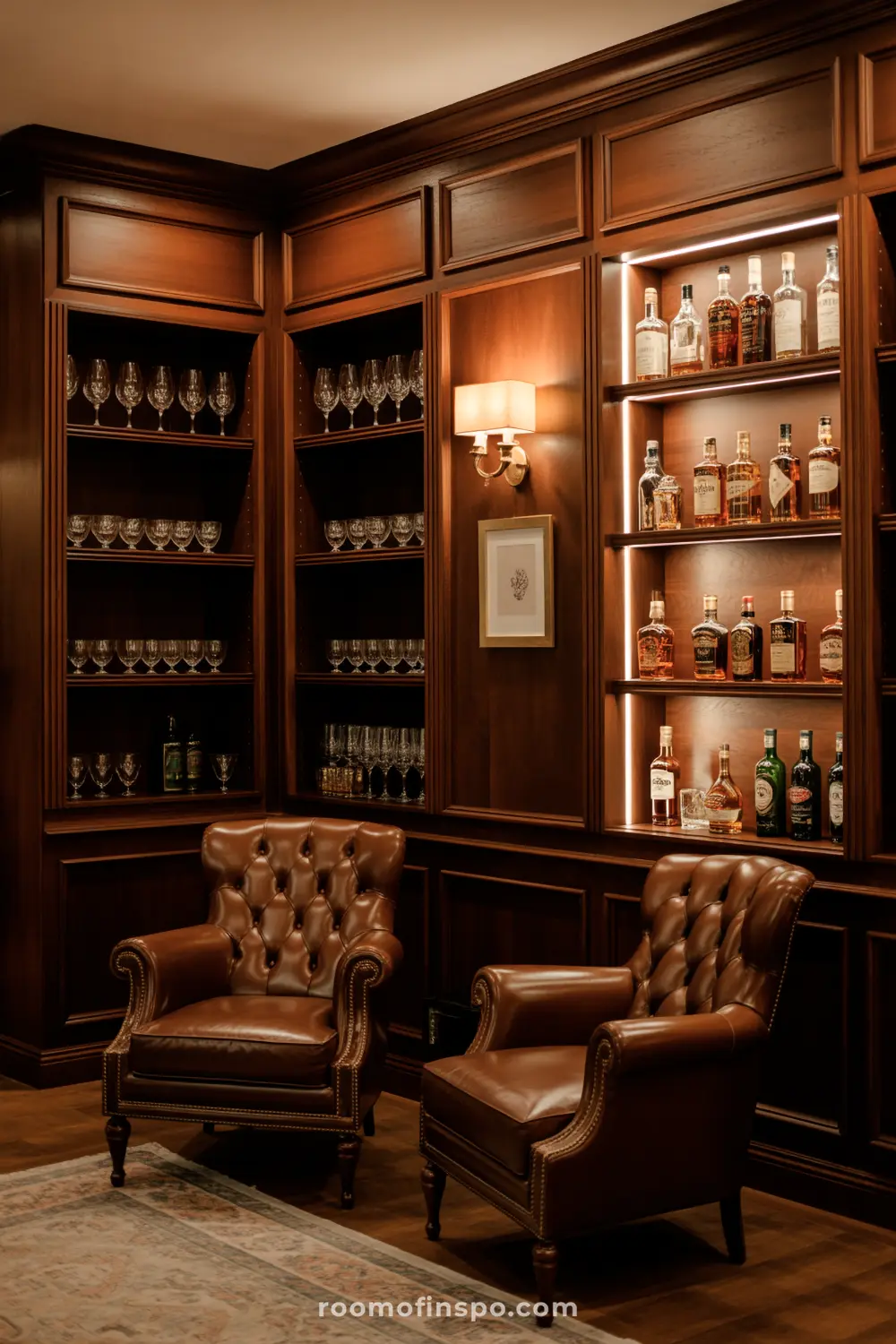 A Classy Man Cave featuring rich wooden built-in shelves filled with an array of liquor bottles and elegant glassware, with two tufted leather armchairs.