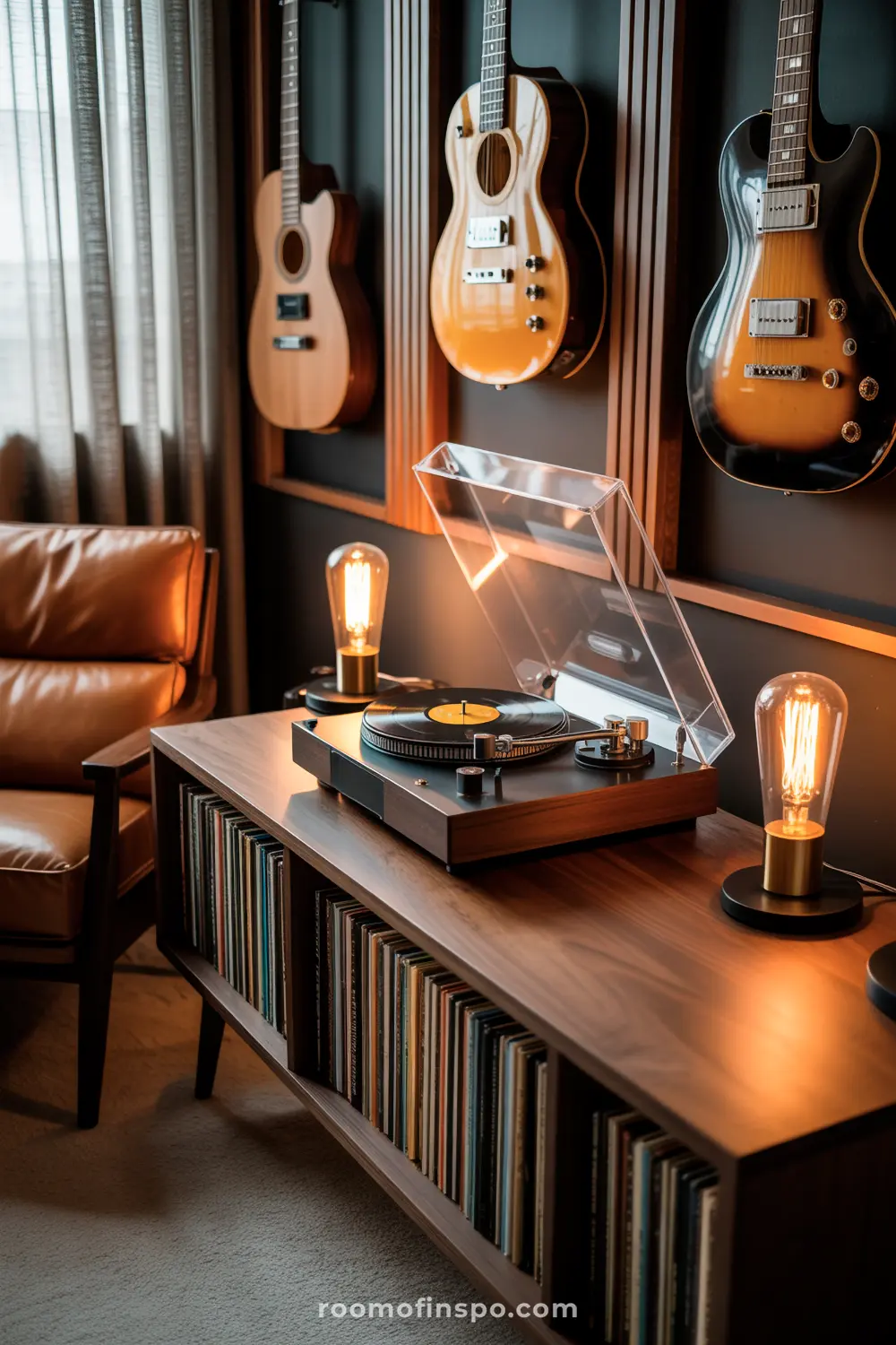 A Classy Man Cave music corner featuring a record player on a wooden console filled with vinyl records, flanked by vintage lightbulbs and wall-mounted guitars.