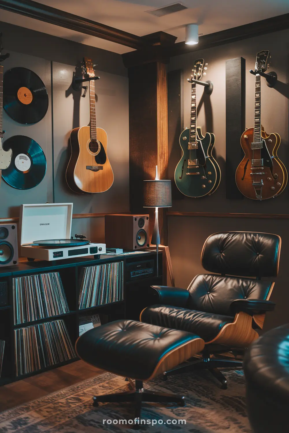 A classy music lover’s man cave with guitars, records, and a sound system.