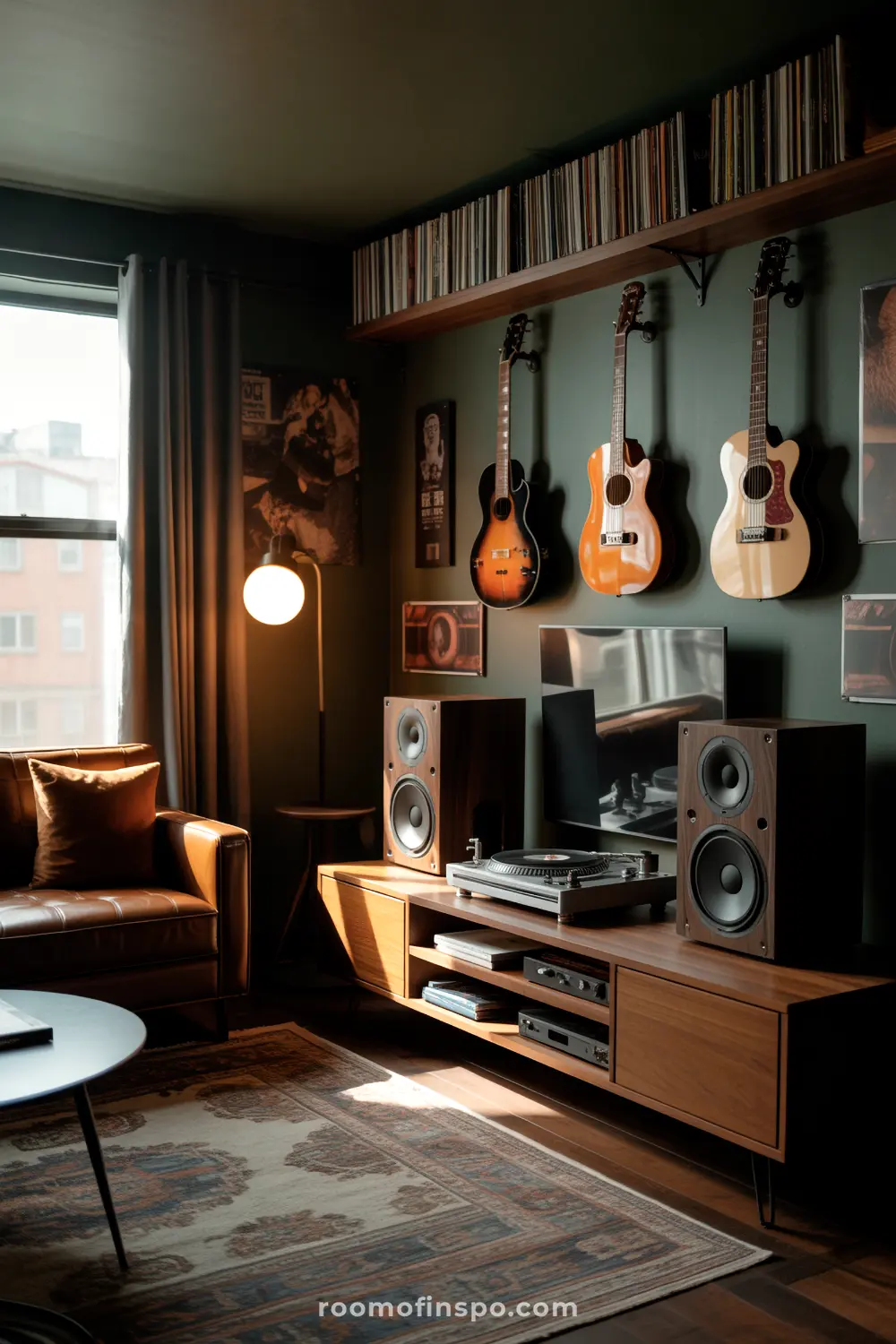 A Classy Man Cave music room with guitars mounted on the wall, a record player with large speakers, and comfortable leather seating.