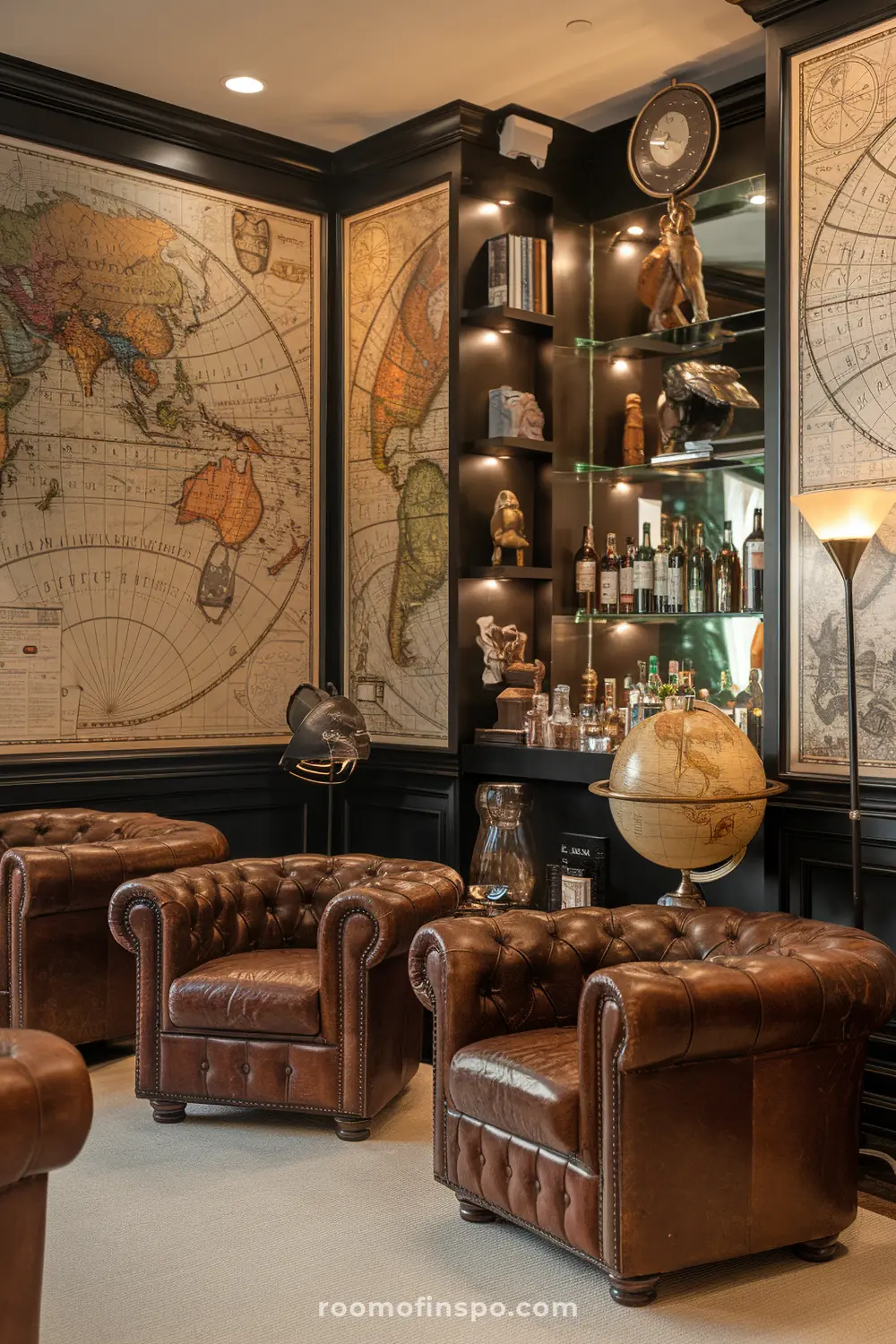 A classy explorer’s man cave with maps, globes, and a bar.