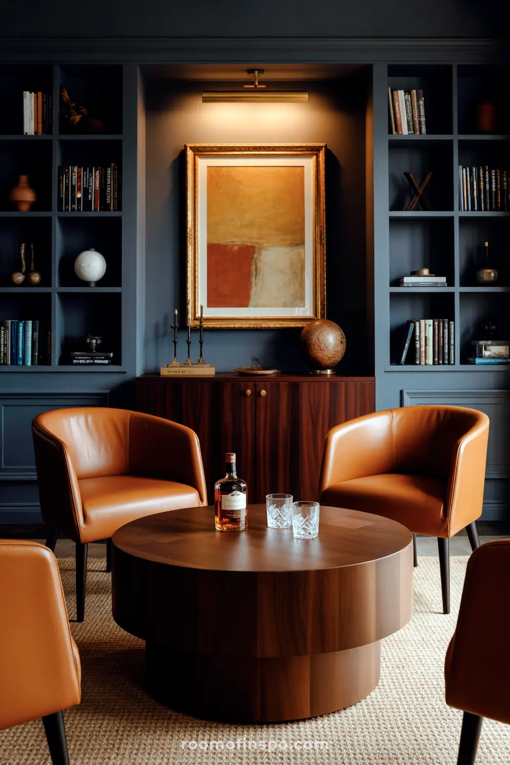 A Classy Man Cave with a dark blue backdrop of built-in bookshelves, featuring comfortable tan leather chairs around a wooden coffee table with whiskey.