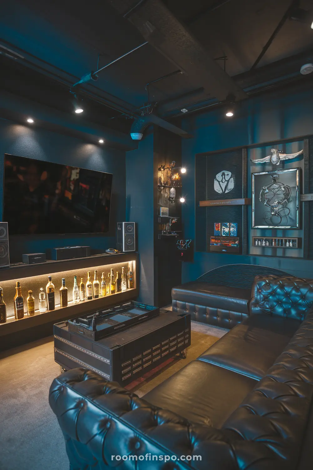 A luxurios, moody man cave with sleek gadgets, a bar, and a TV.