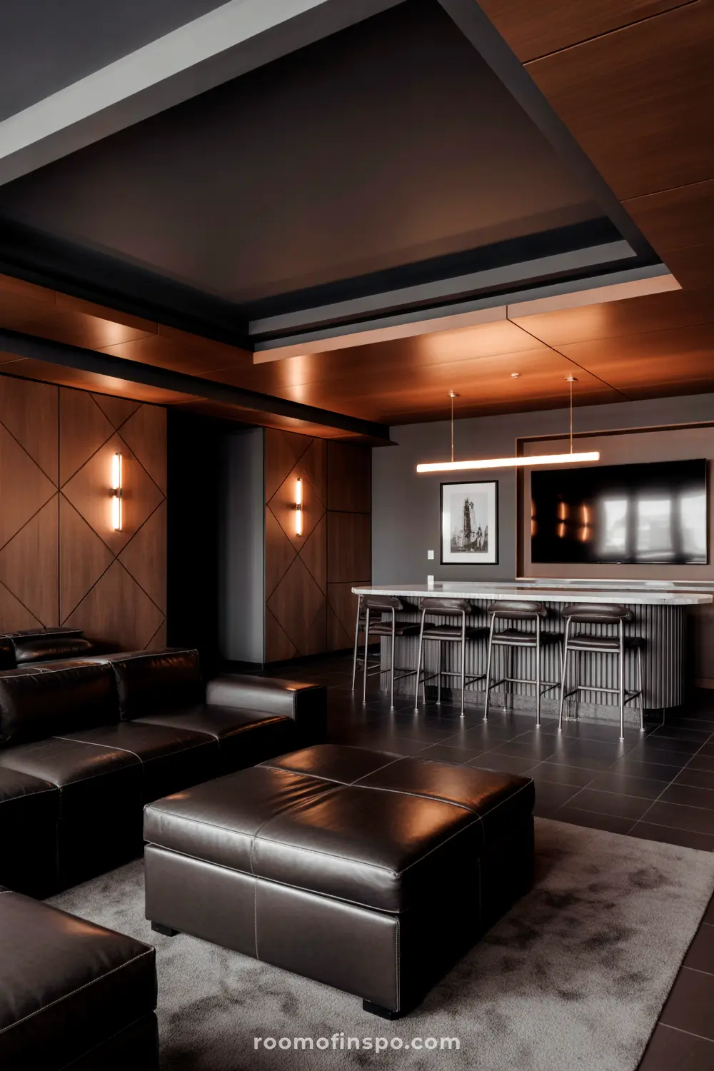 A Classy Man Cave with a stylish modern bar and stools, comfortable leather seating, and warm lighting, creating a sophisticated entertainment space.