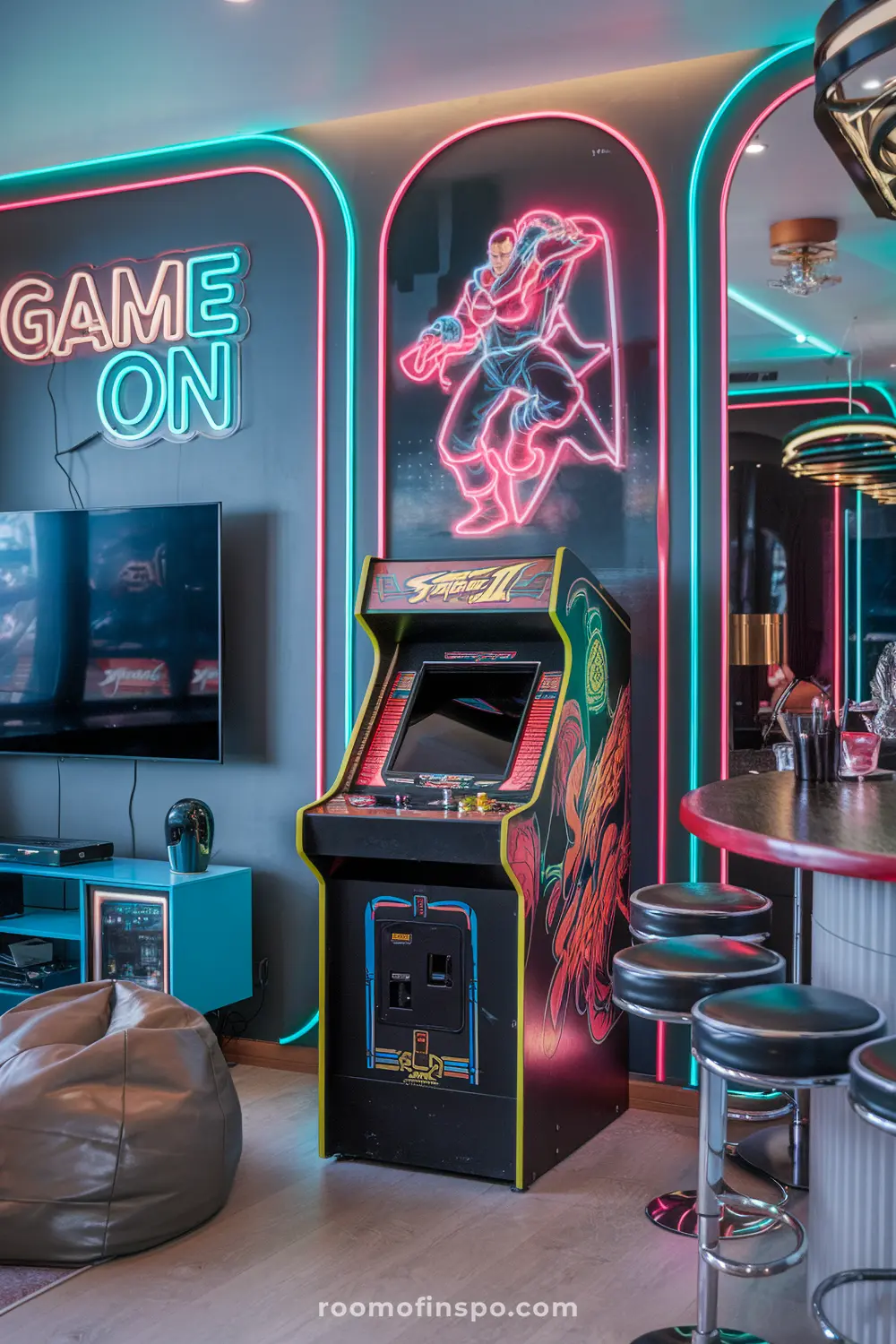A classy ‘90s-inspired man cave with arcade games, neon lights, and a console.