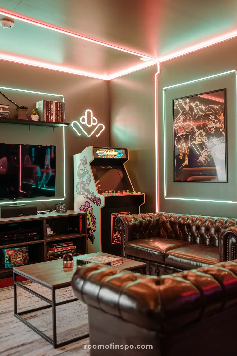 A classy ‘90s-inspired man cave with arcade games, neon lights, and a console.
