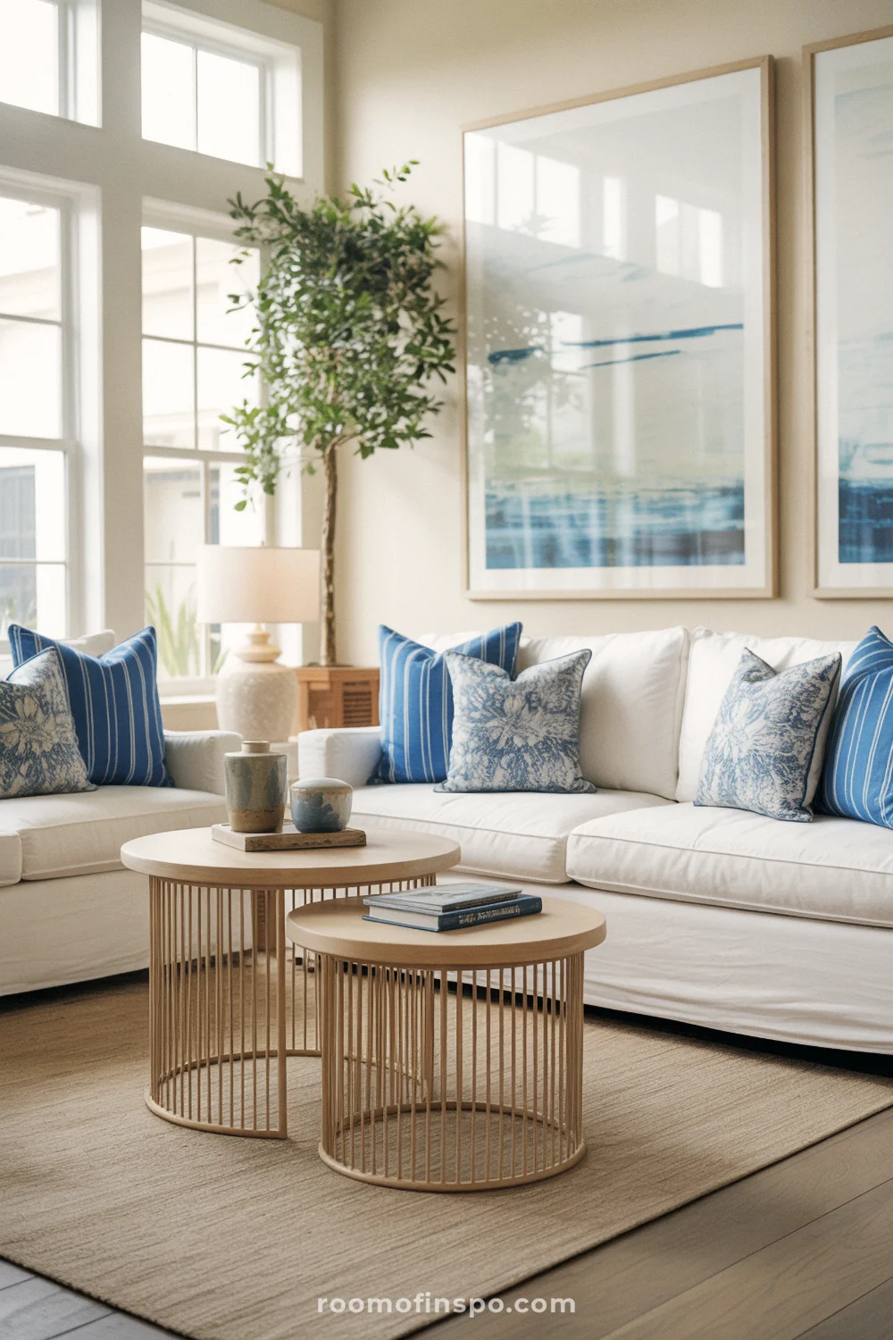 Bright coastal sitting area with white sofa, patterned cushions, and large abstract artwork in soft blue tones.