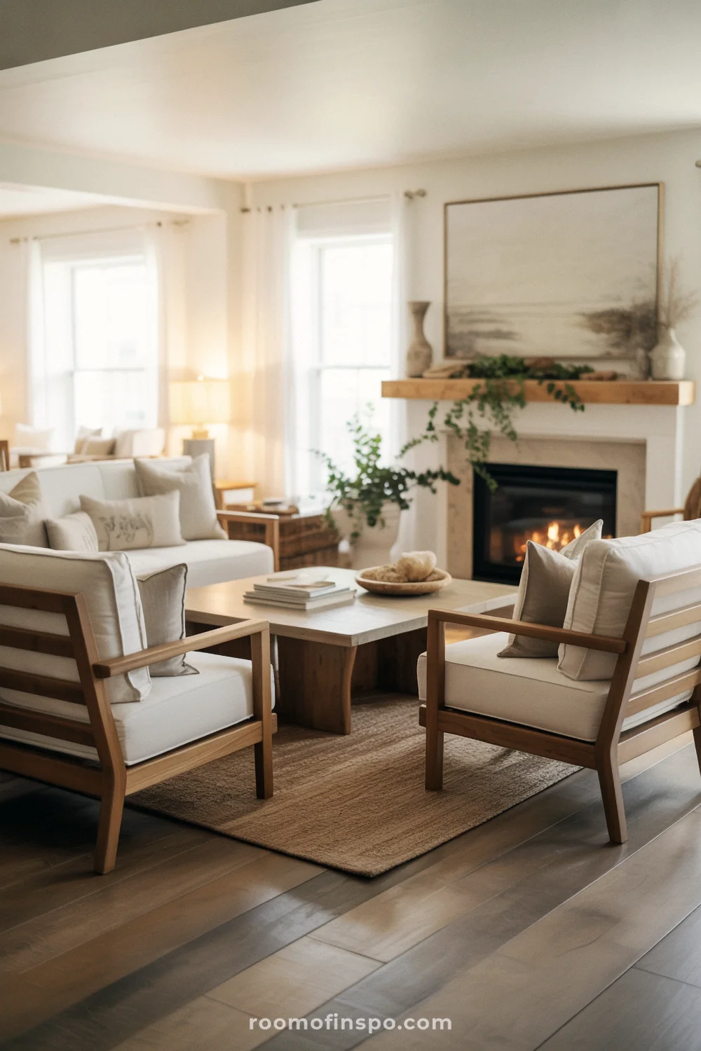 Cozy coastal living room with layered seating, warm textures, and fireplace wall styled with décor and greenery.