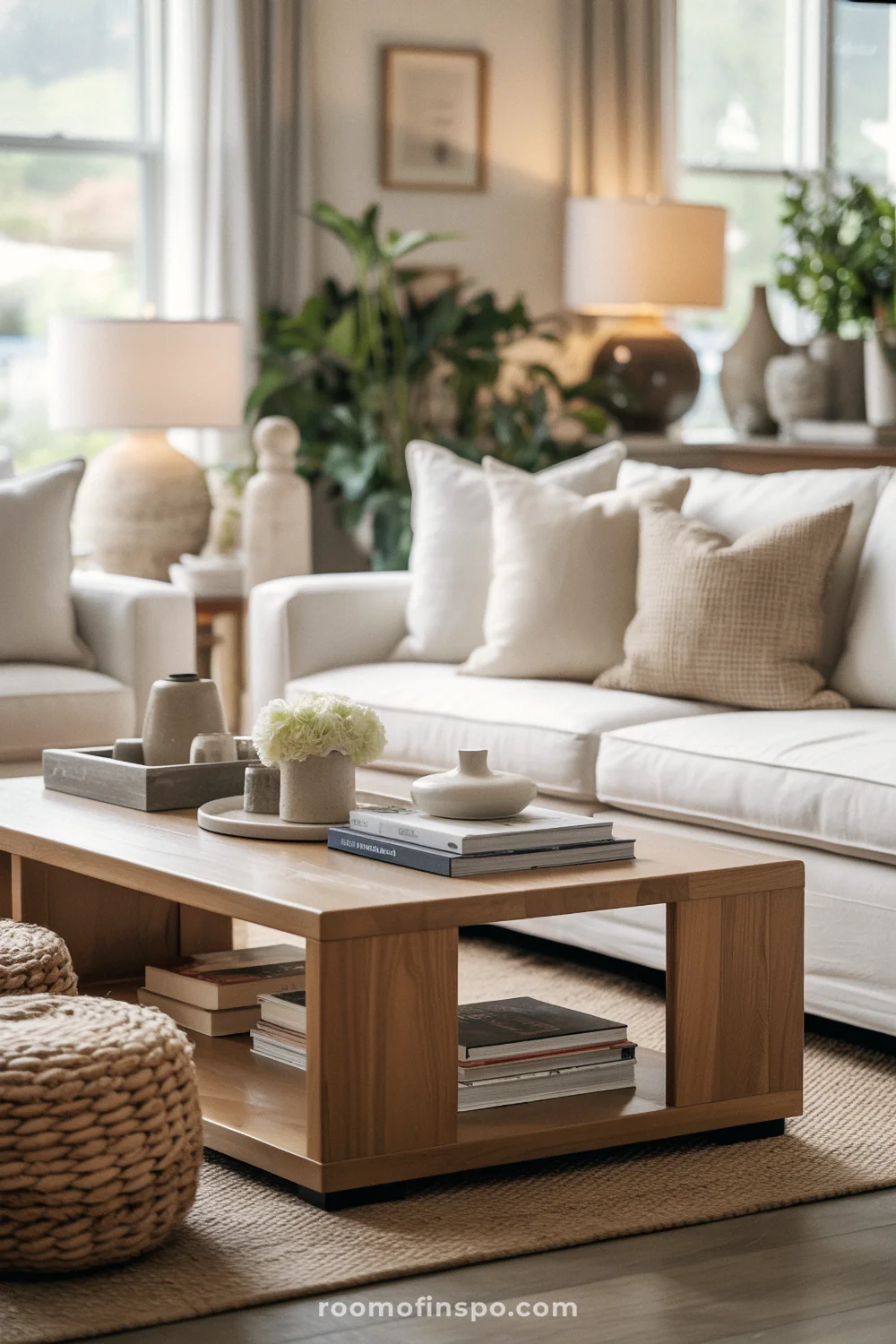 Living room vignette with white sofa, wood coffee table, and neutral cushions, soft floral arrangement.