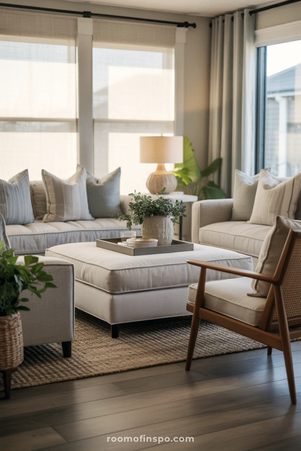 Warm coastal living room with gray and white upholstery, large ottoman as coffee table, and green plants.