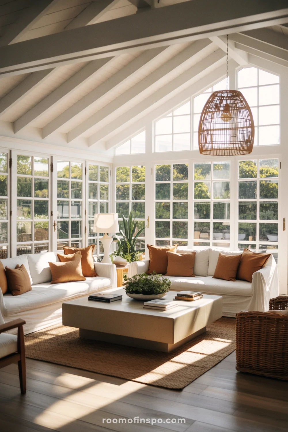 Coastal living room with vaulted ceilings, exposed beams, and large grid-style windows with greenery views.