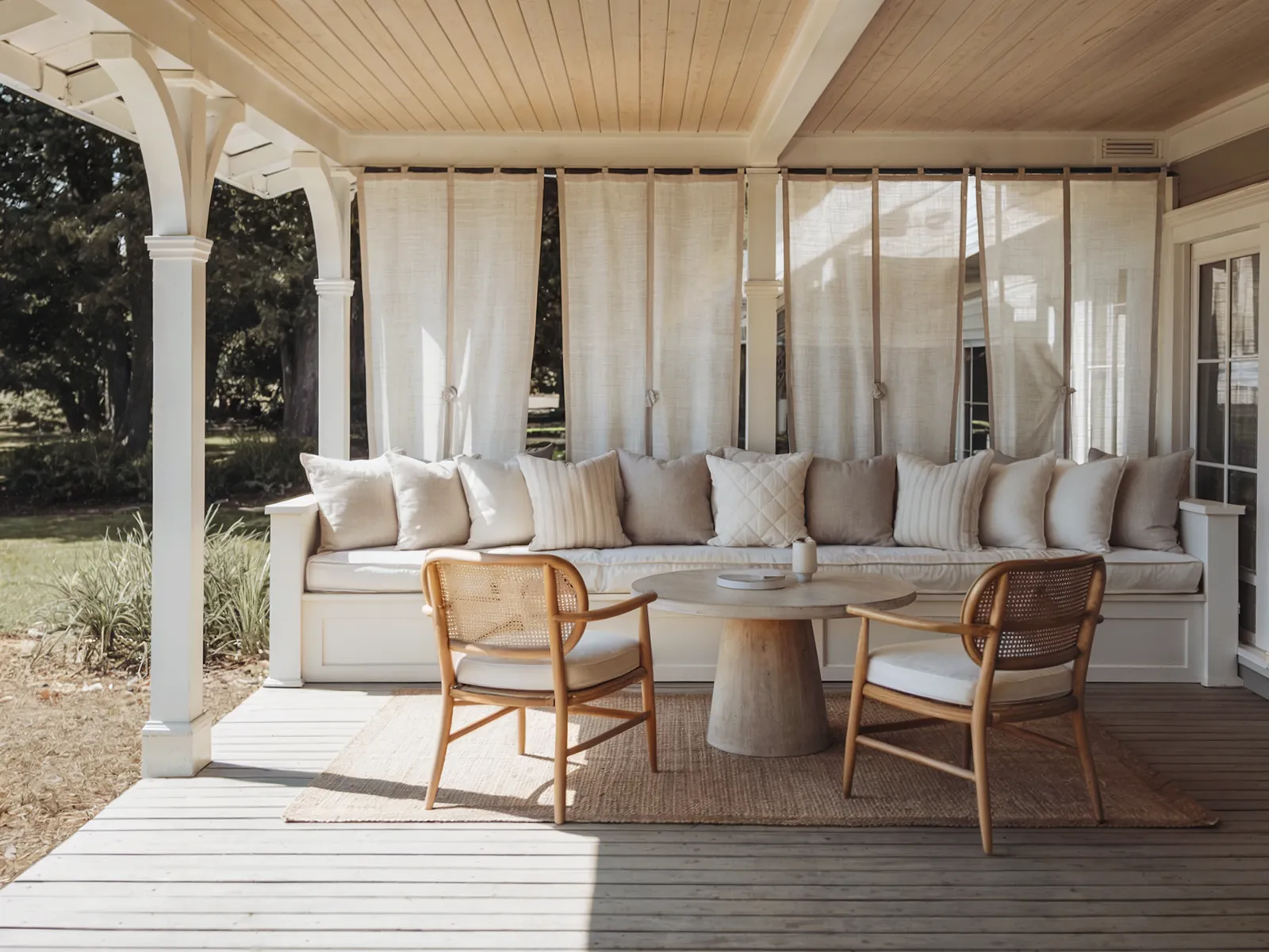 Covered porch with pine ceiling, tied-back drapes, built-in daybed, cane chairs, and greige painted flooring.