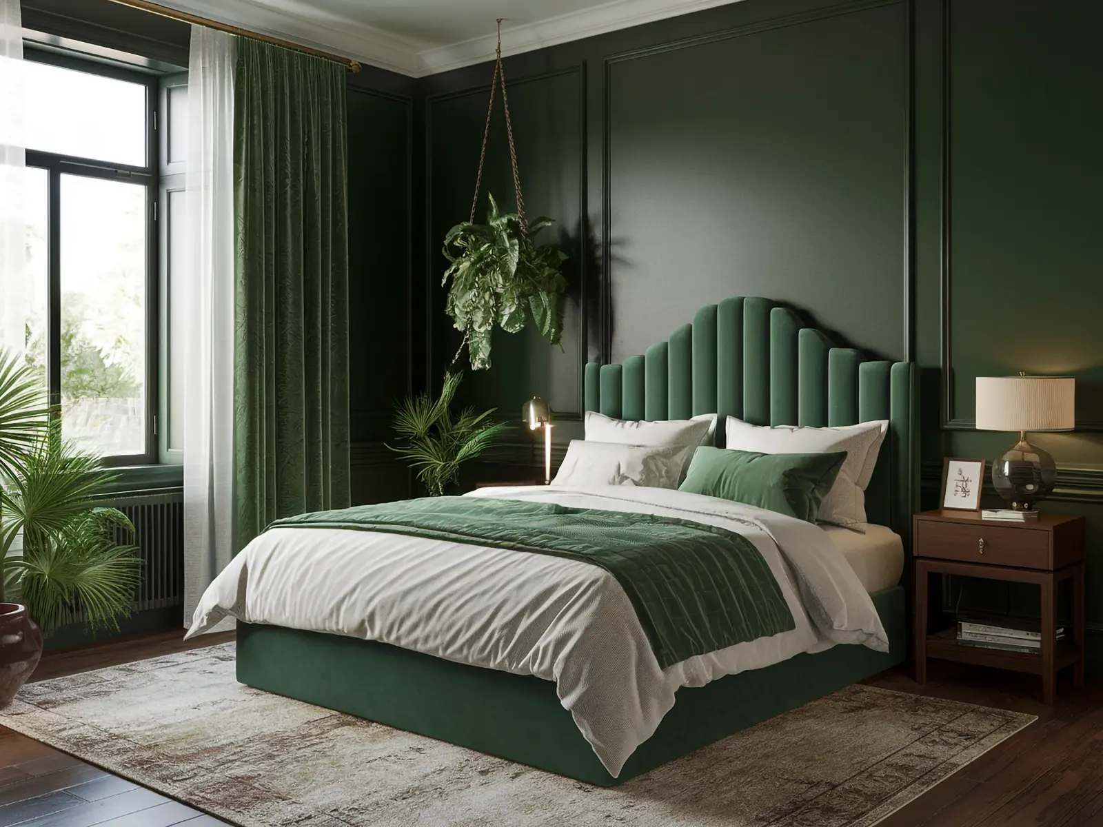 A dark, moody bedroom with a large green velvet headboard, a green velvet bed frame, and a green velvet throw blanket.