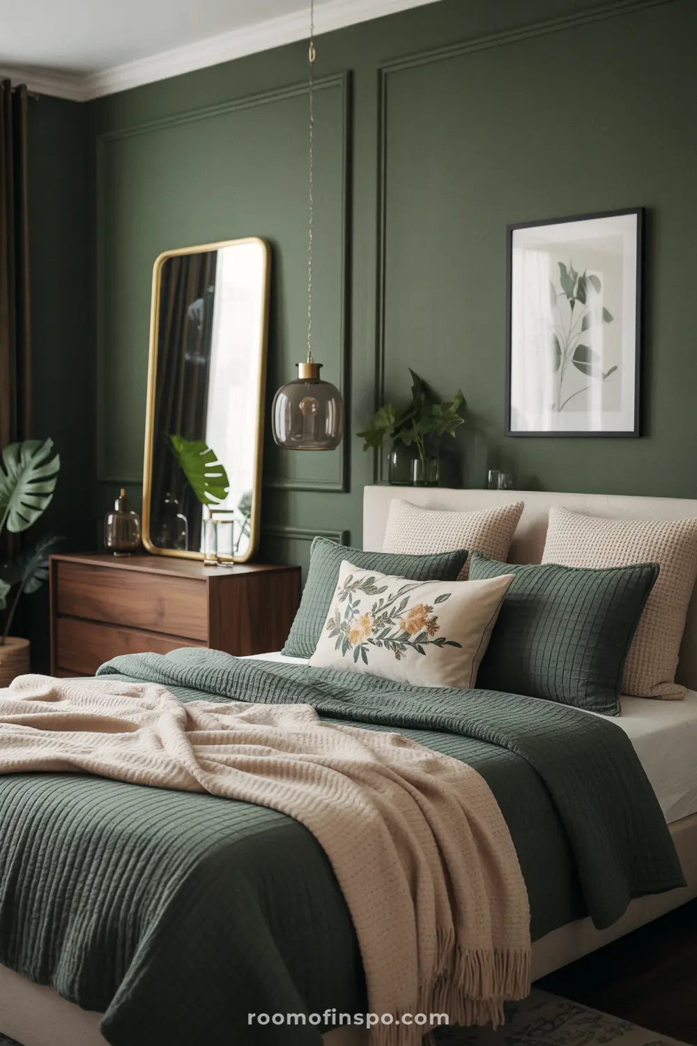 A moody, dark green, and feminine bedroom with a light bed, a large gold mirror, and a floral pillow.