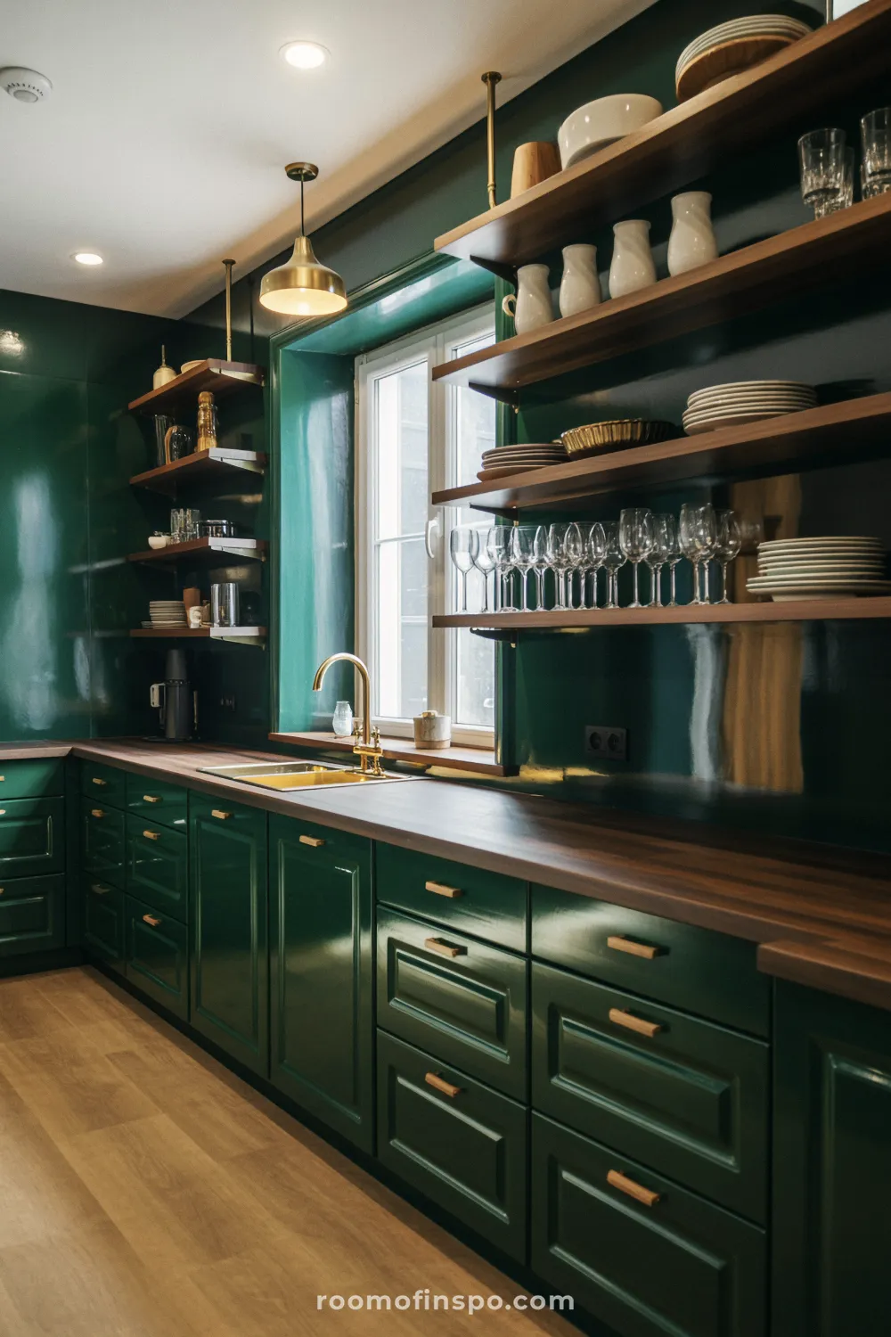 A sleek kitchen featuring forest green cabinets, wood countertops, and ambient lighting from pendant fixtures.