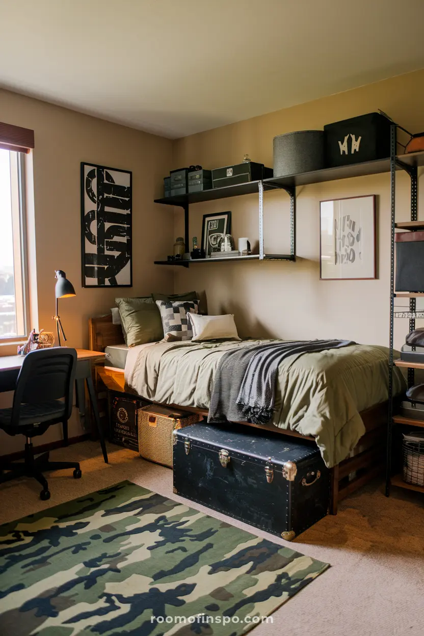 A military-inspired dorm room for guys with army-green tones and a rugged aesthetic.